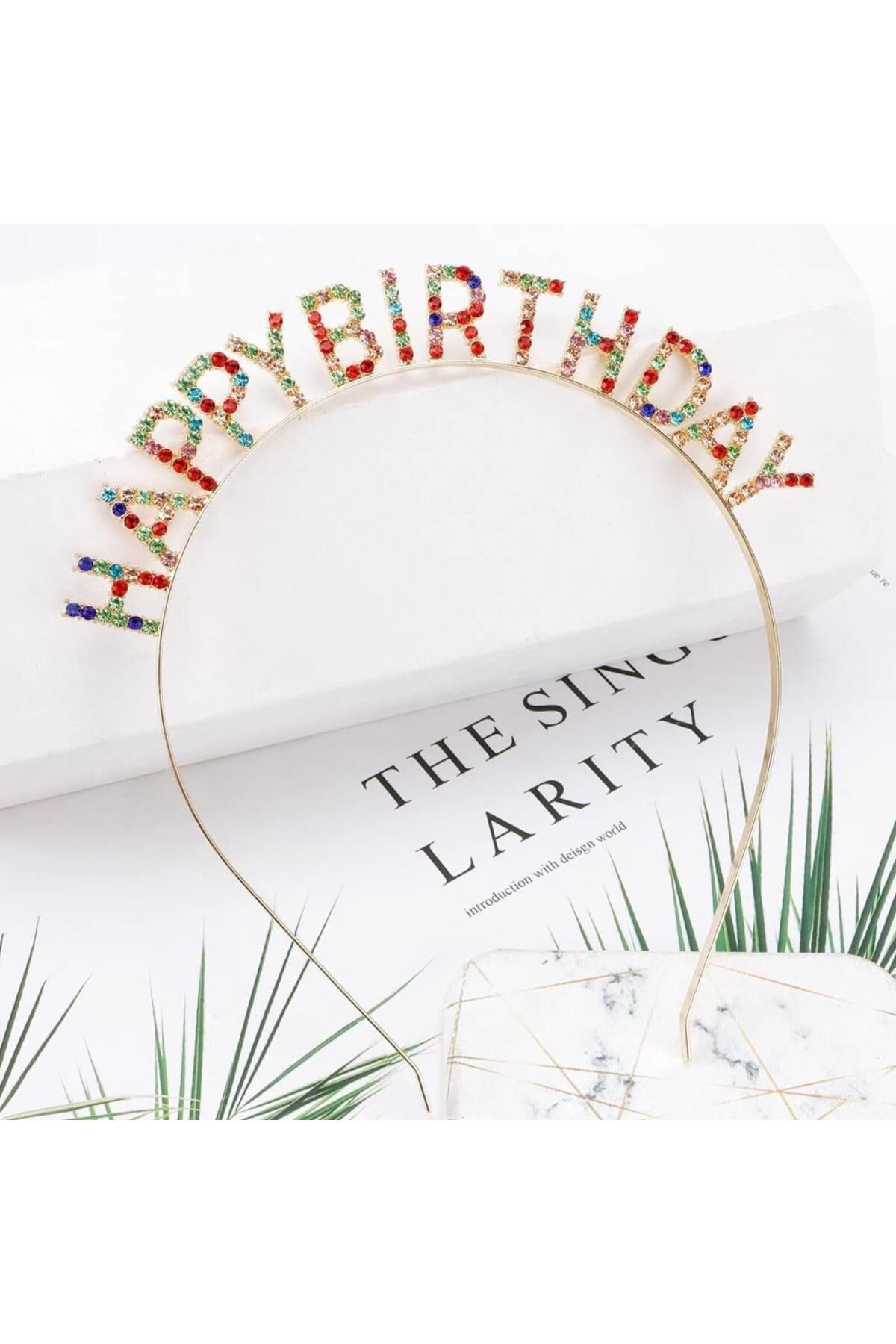 Toptan Bulurum Rengarenk Kristal Taşlı Ekstra Lüks Gümüş Kaplama Happy Birthday Taç 16x17 cm