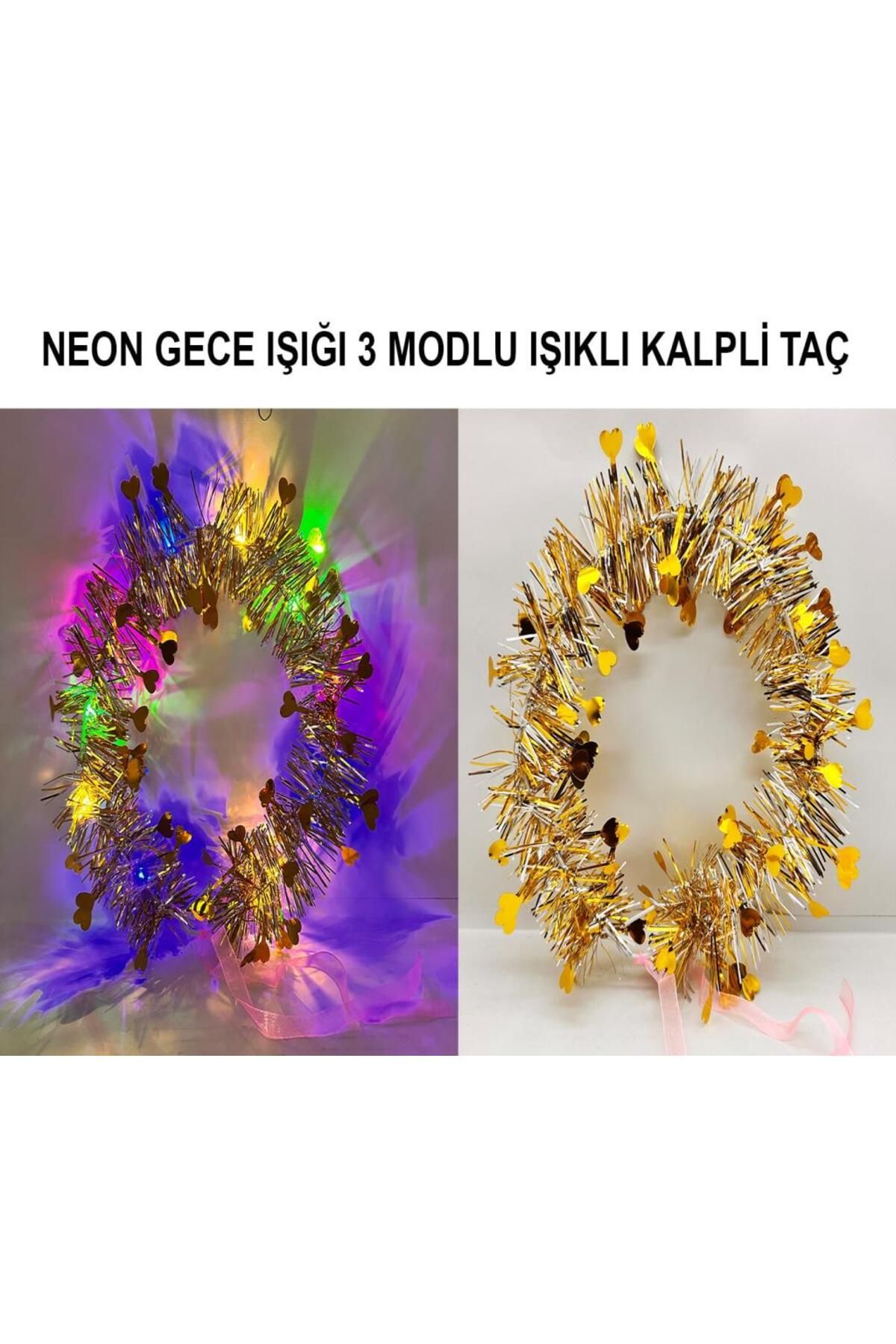 ÖYKÜ VE YİĞİT Kalp Püsküllü Gece Parıltısı 3 Modlu LED'li Işıklı Taç Altın Renk