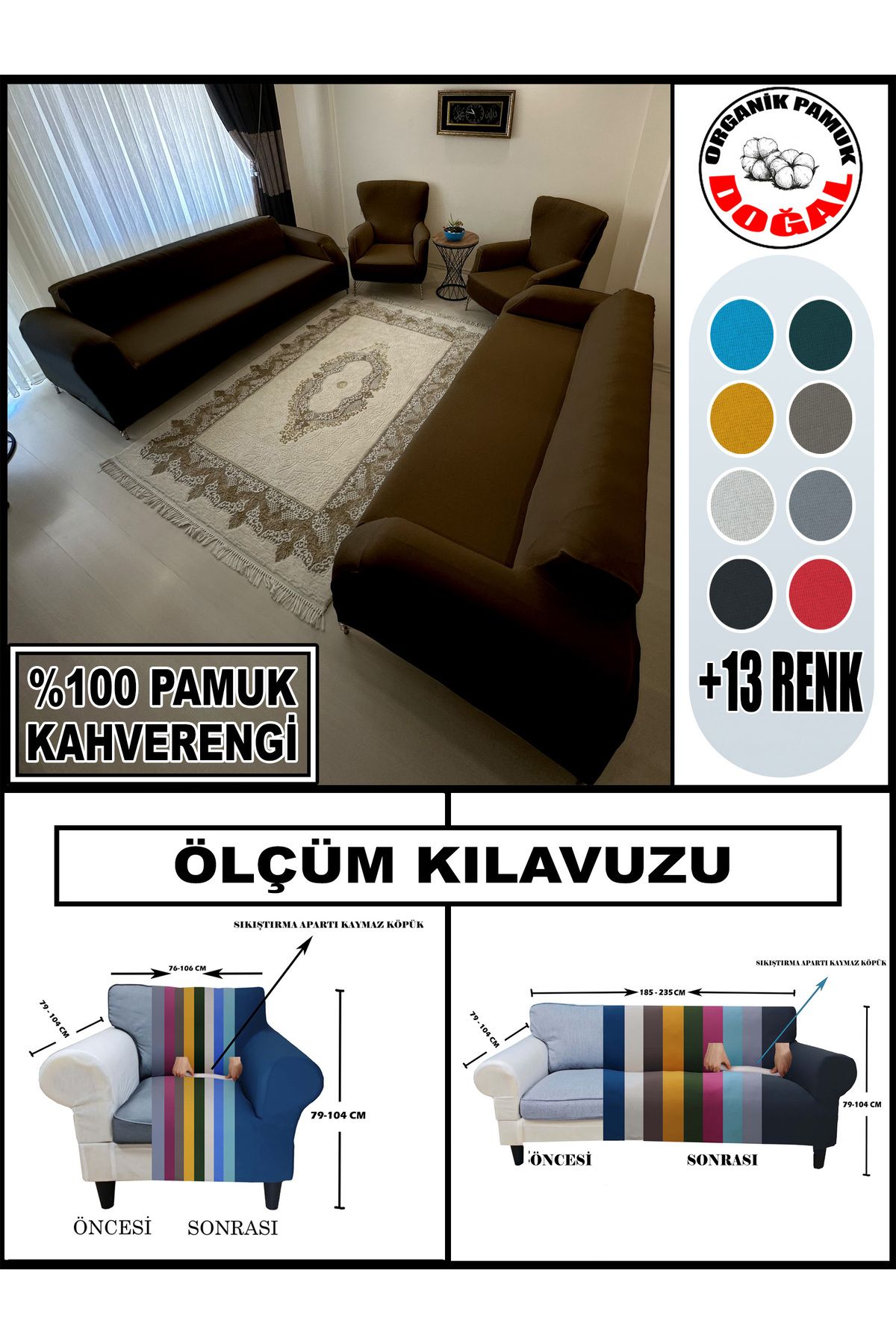 Home Pamuklu Fransız Kumaş 2 Adet Üçlü Çekyat-2 Adet Tekli Koltuk Kılıfı Seti,