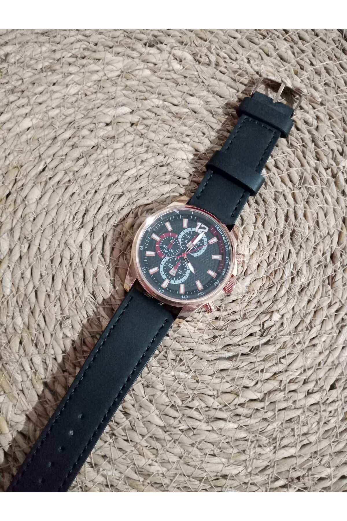 Brality Erkek kol Saati ... (Dikişli) Siyah Deri Kordon... Rose Renk Kasa- 6065