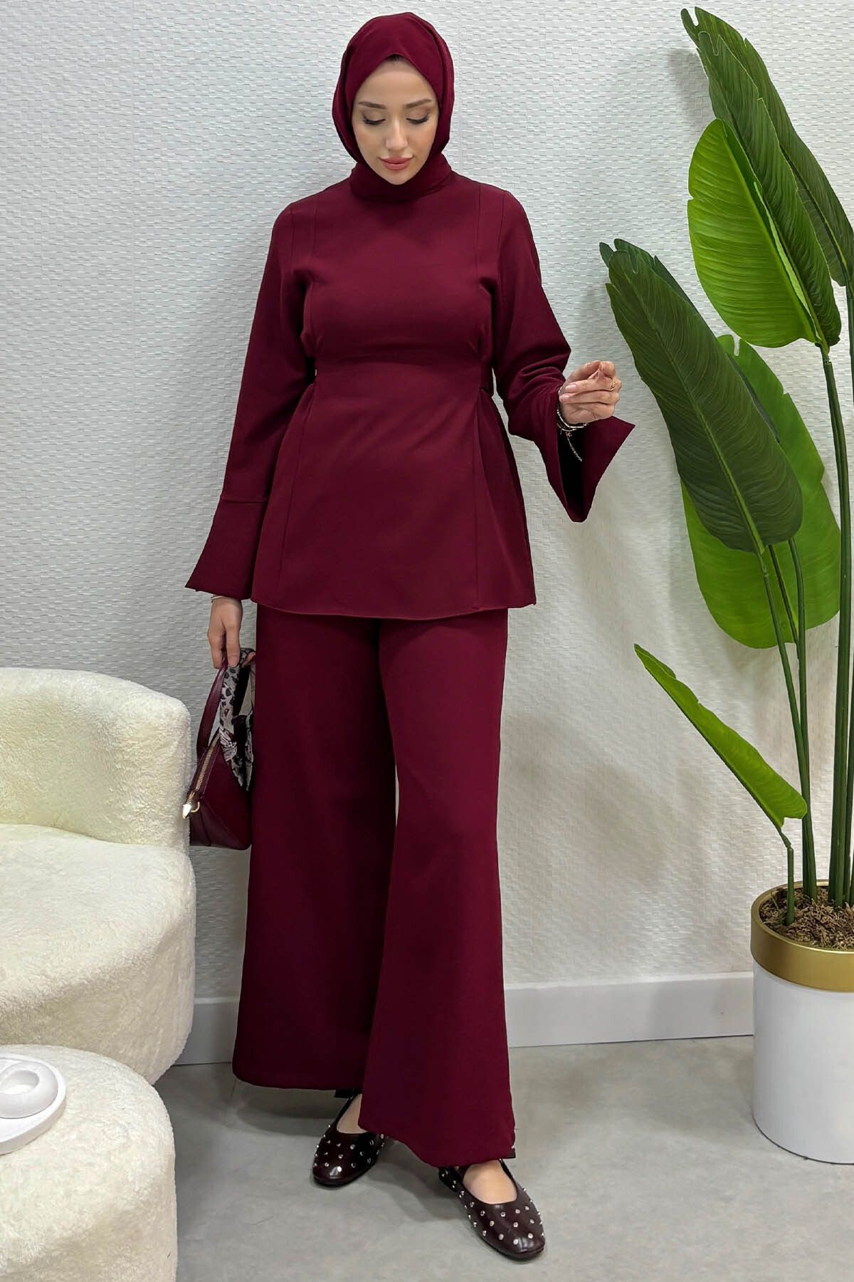 Tesettür Diyarı Kadın Meva Model Krep Bağlamalı Pantolon Tesettür Takım