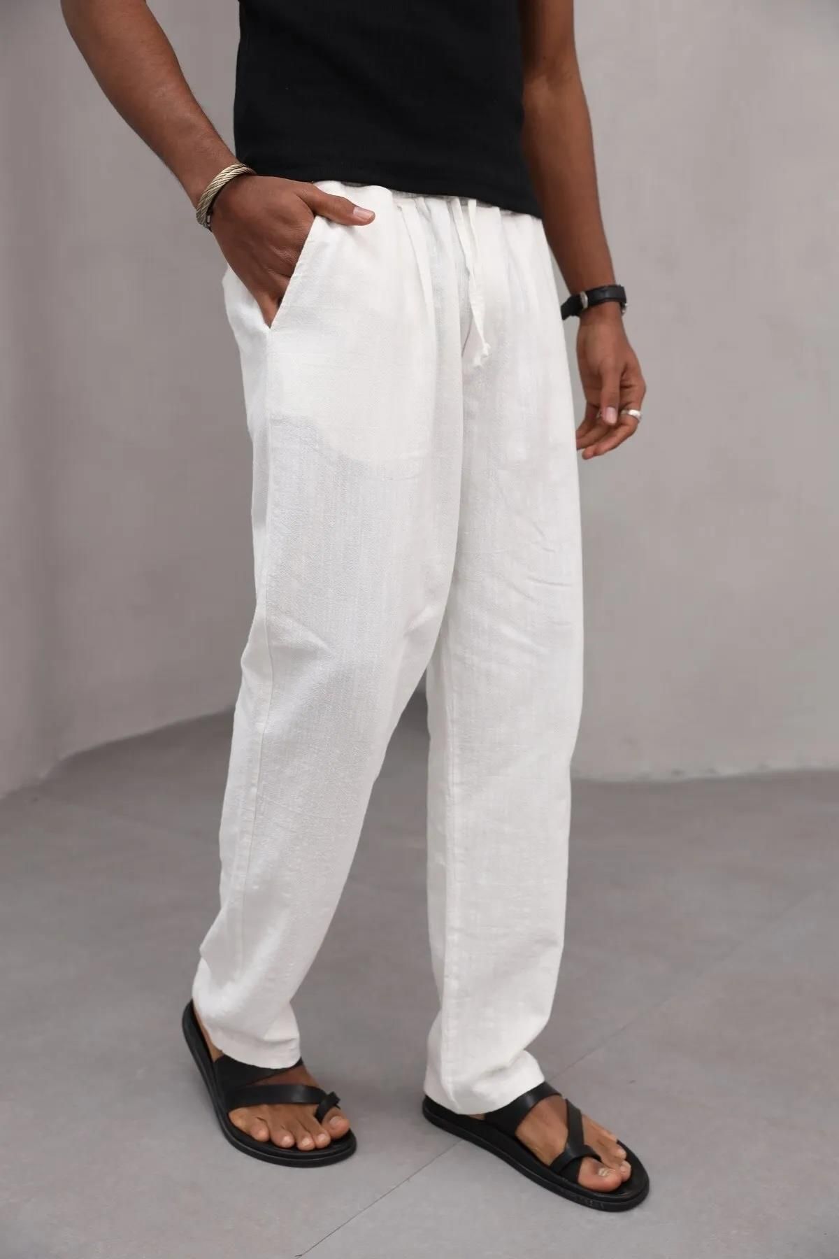 Trendiz Erkek Premium Rahat Kesim %100 Cotton Bağcıklı Erkek Pantolon Beyaz