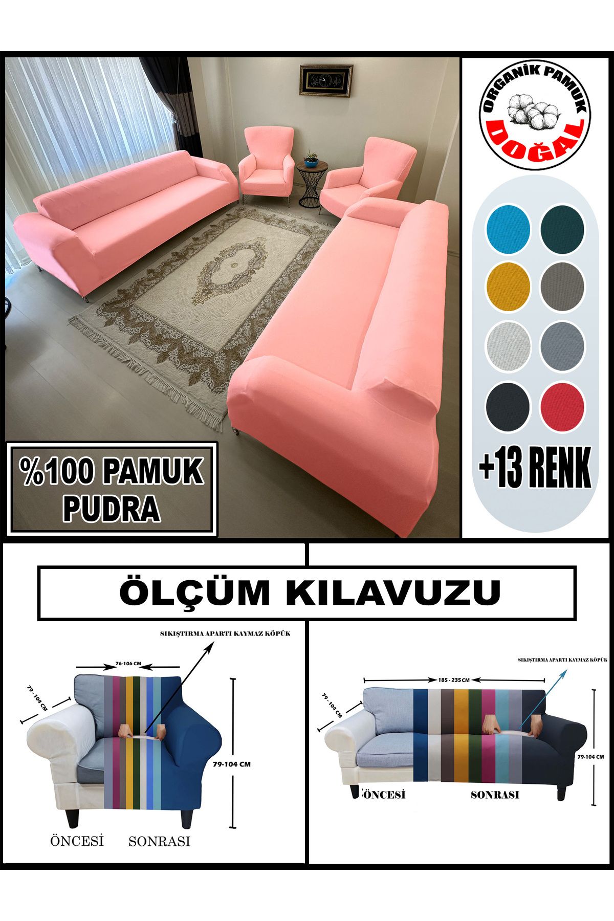 Home Pamuklu Fransız Kumaş 2 Adet Üçlü Çekyat-2 Adet Tekli Koltuk Kılıfı Seti,