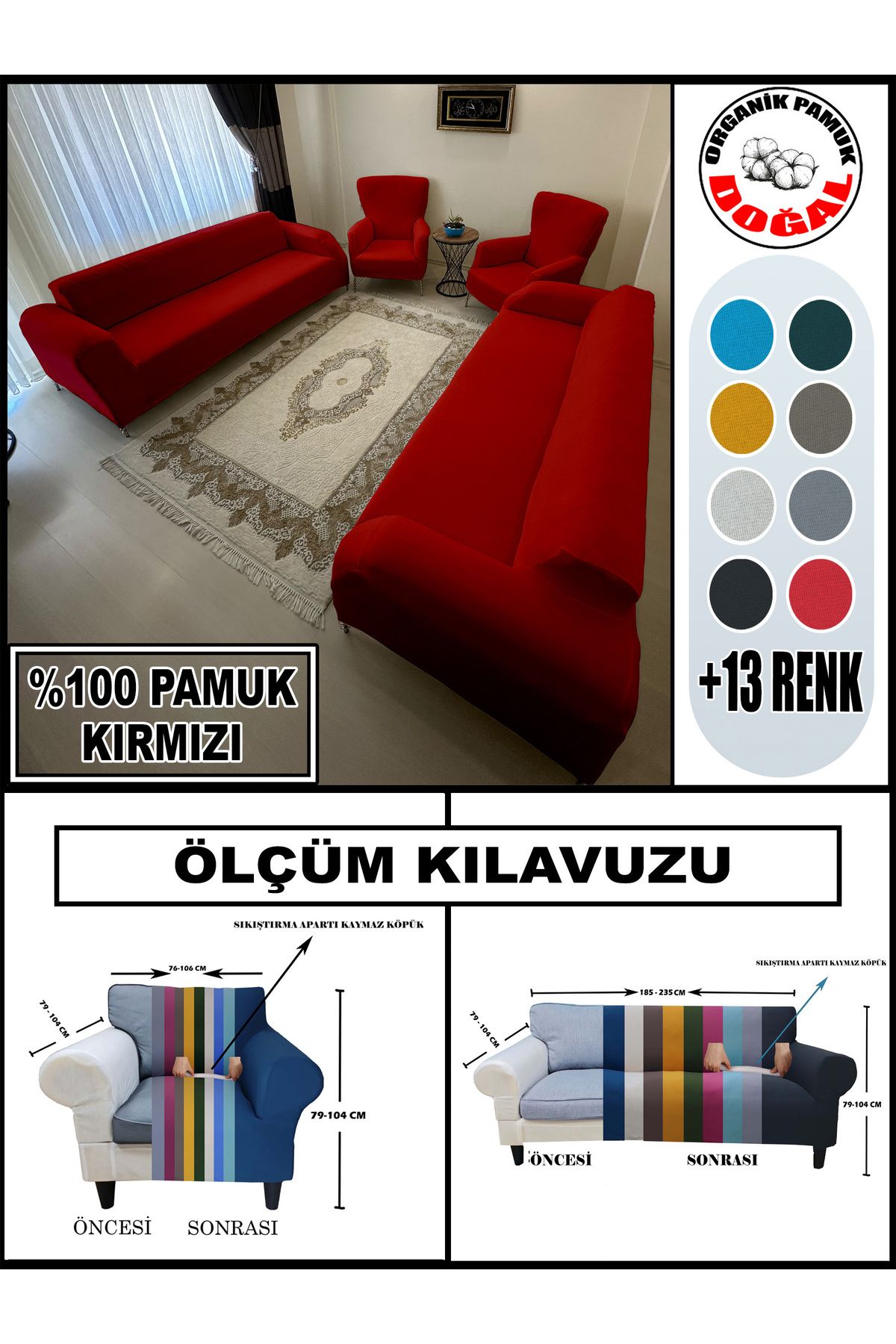 Home Pamuklu Fransız Kumaş 2 Adet Üçlü Çekyat-2 Adet Tekli Koltuk Kılıfı Seti,