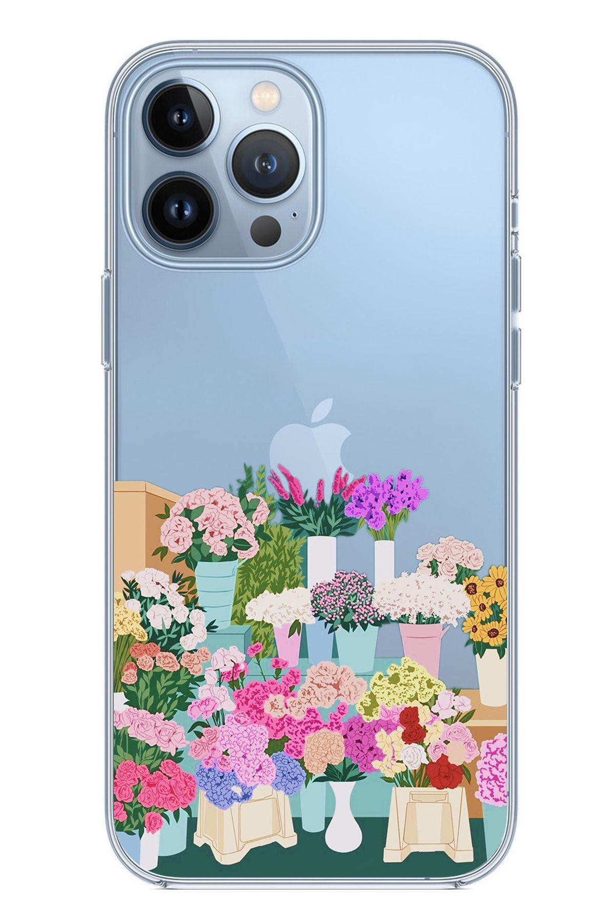TechTree iPhone 13 PRO MAX Uyumlu Vazoda Çiçekler Tasarımlı Şeffaf Silikon Kılıf