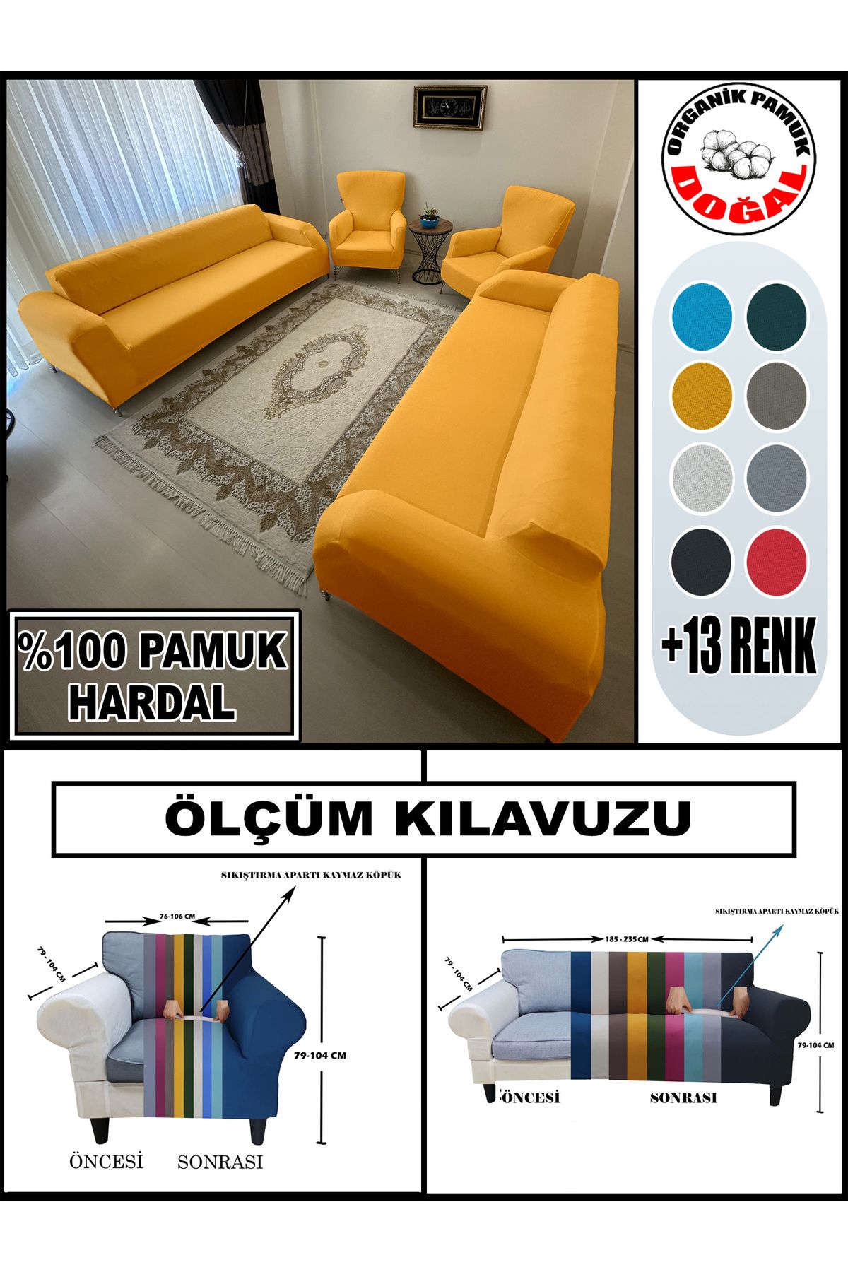 Home Pamuklu Fransız Kumaş 2 Adet Üçlü Çekyat-2 Adet Tekli Koltuk Kılıfı Seti,