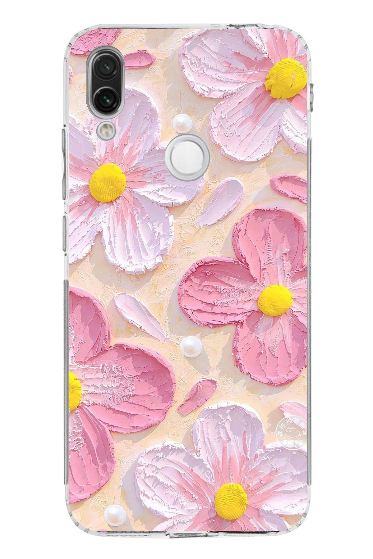 TechTree Redmi Note 7 Uyumlu Pembe Beyaz Çiçekler Sulu Boya Şeffaf Silikon Kılıf