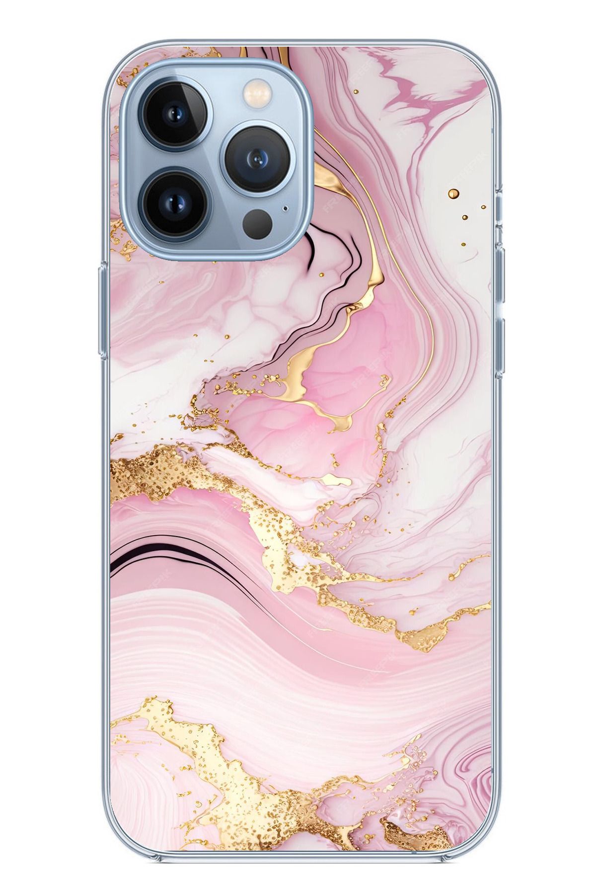 TechTree iPhone 13 PRO MAX Uyumlu Pembe Mermer Şeffaf Silikon Kılıf
