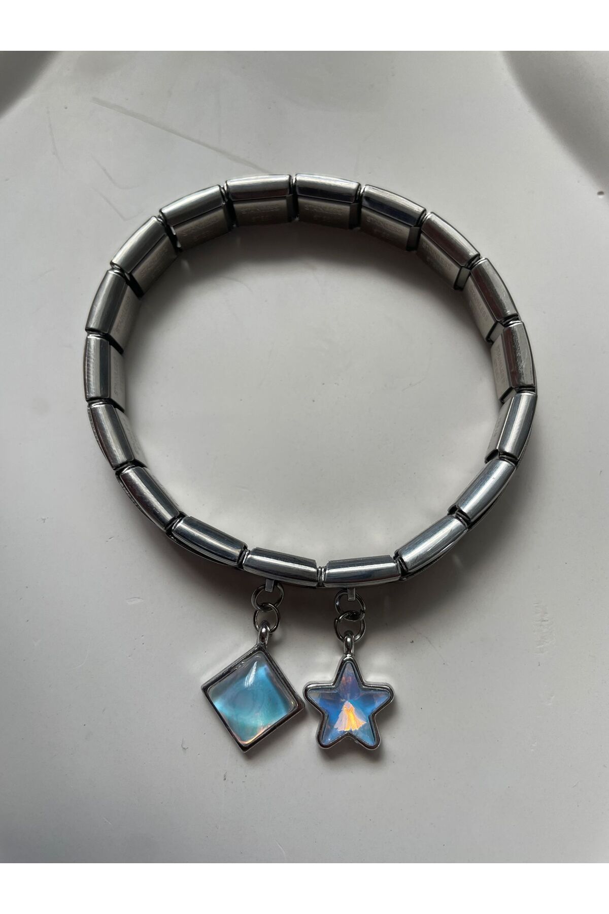 HKN AVM ACCESSORİES Çelik Italyan Charm Bileklik Yıldızlı Gümüş Ayarlanabilir Italyan Charm Çelik Bileklik