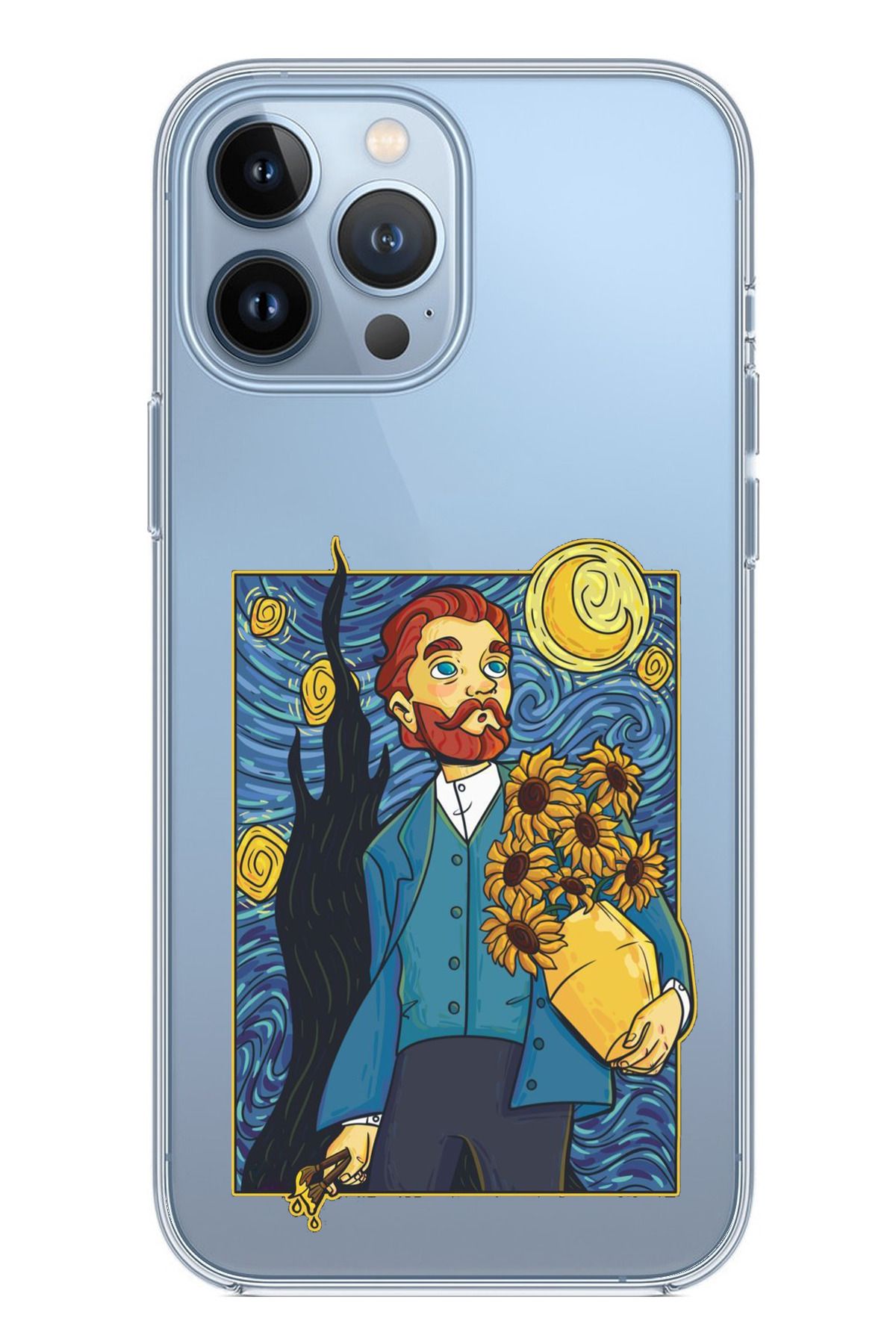 TechTree iPhone 13 PRO MAX Uyumlu Van Gogh Portre Tasarımlı Şeffaf Silikon Kılıf