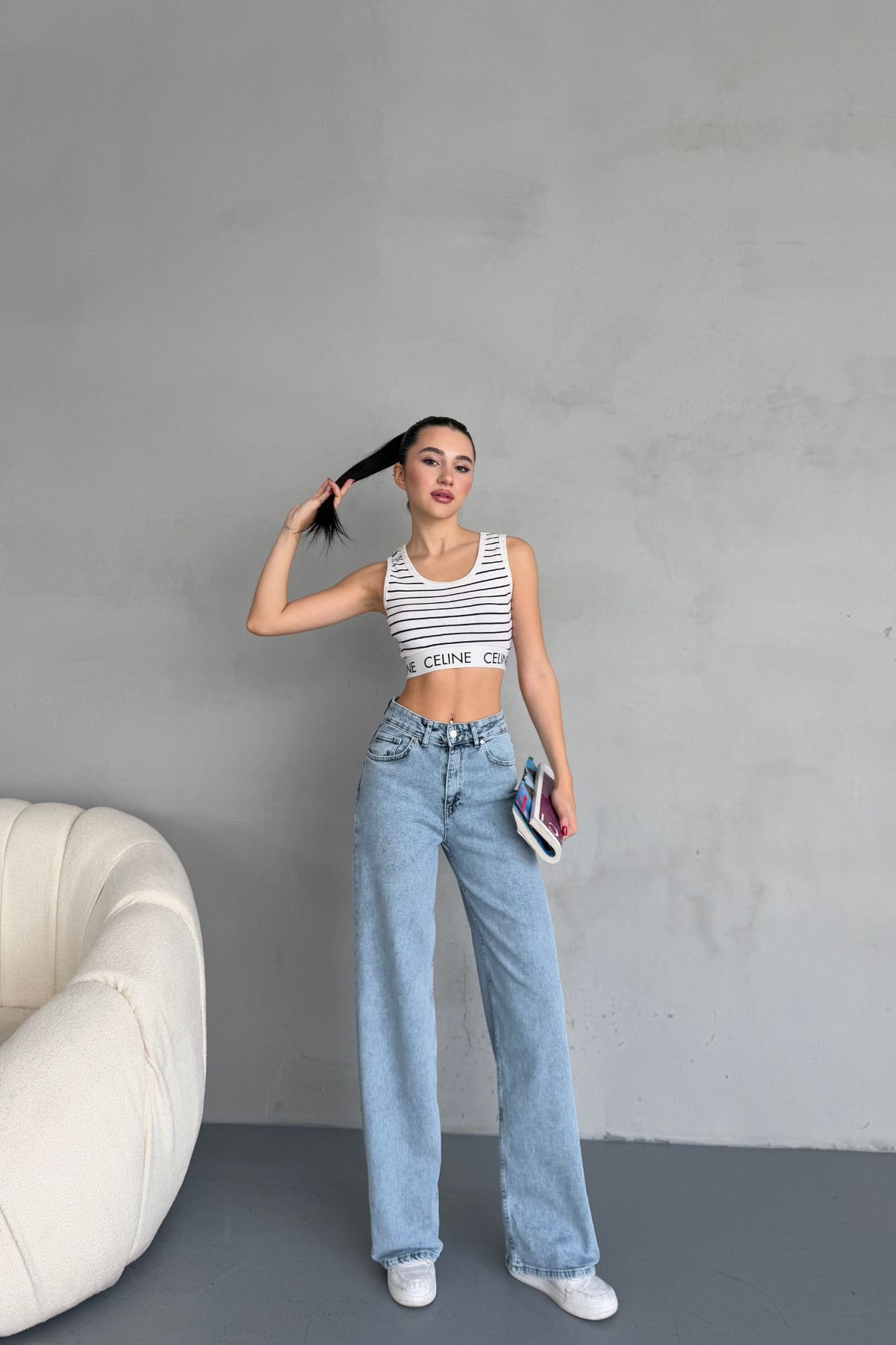 WODDİ Jeannine Kadın Likralı Mavi Kar Yıkama Süper Yüksek Bel Palazzo Salaş Bol Paça Denim Kot Pantolon