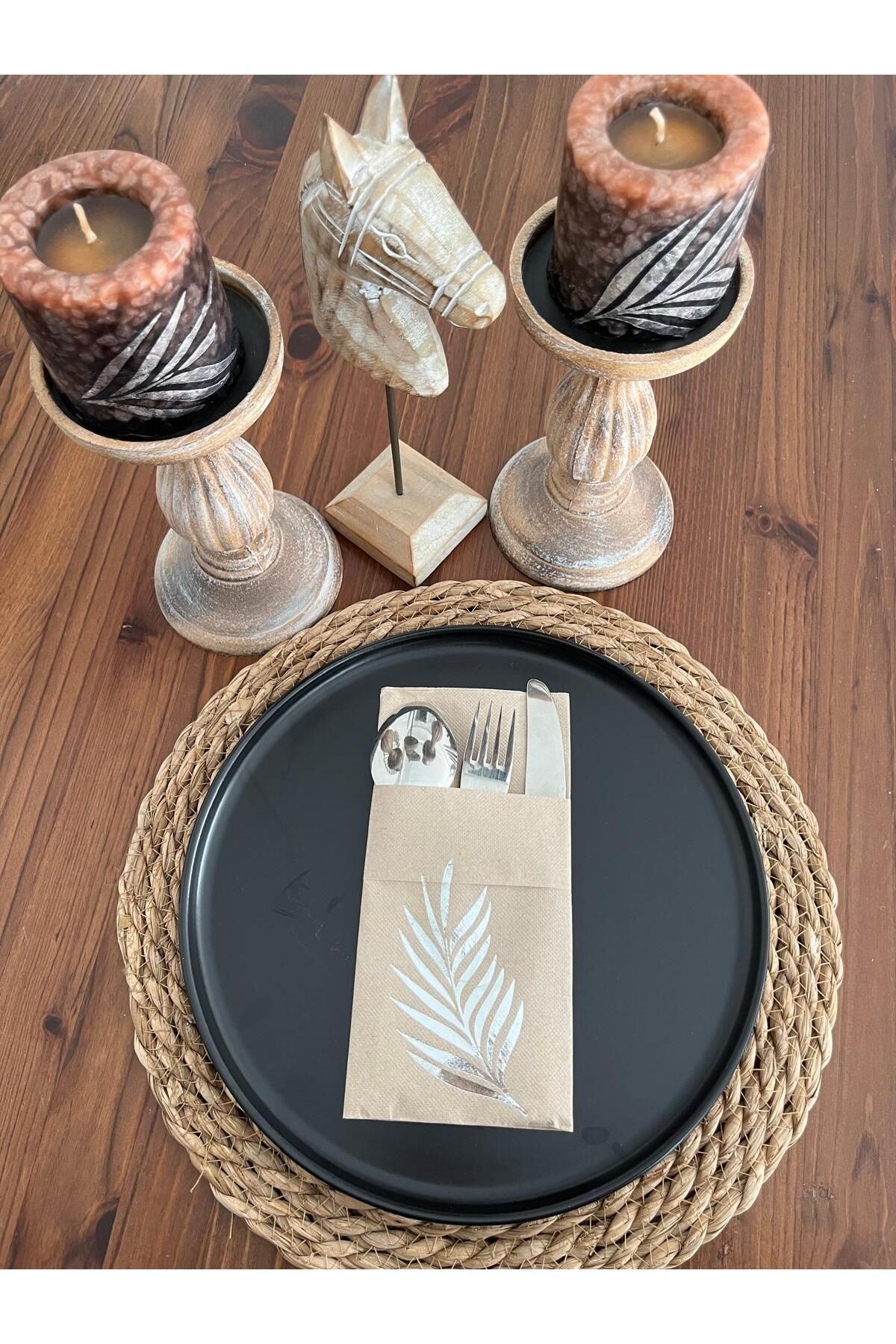 kidspartim Gümüş Yaldızlı Kraft Yaprak Cepli Kanguru Peçete 12 Adet