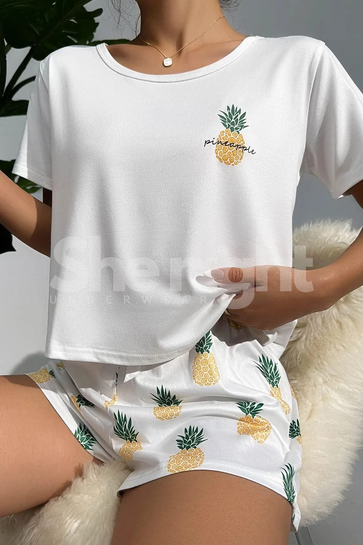 Veille Ananas Detaylı Beyaz Pamuklu Gecelik ve Sabahlık Pijama Takımı