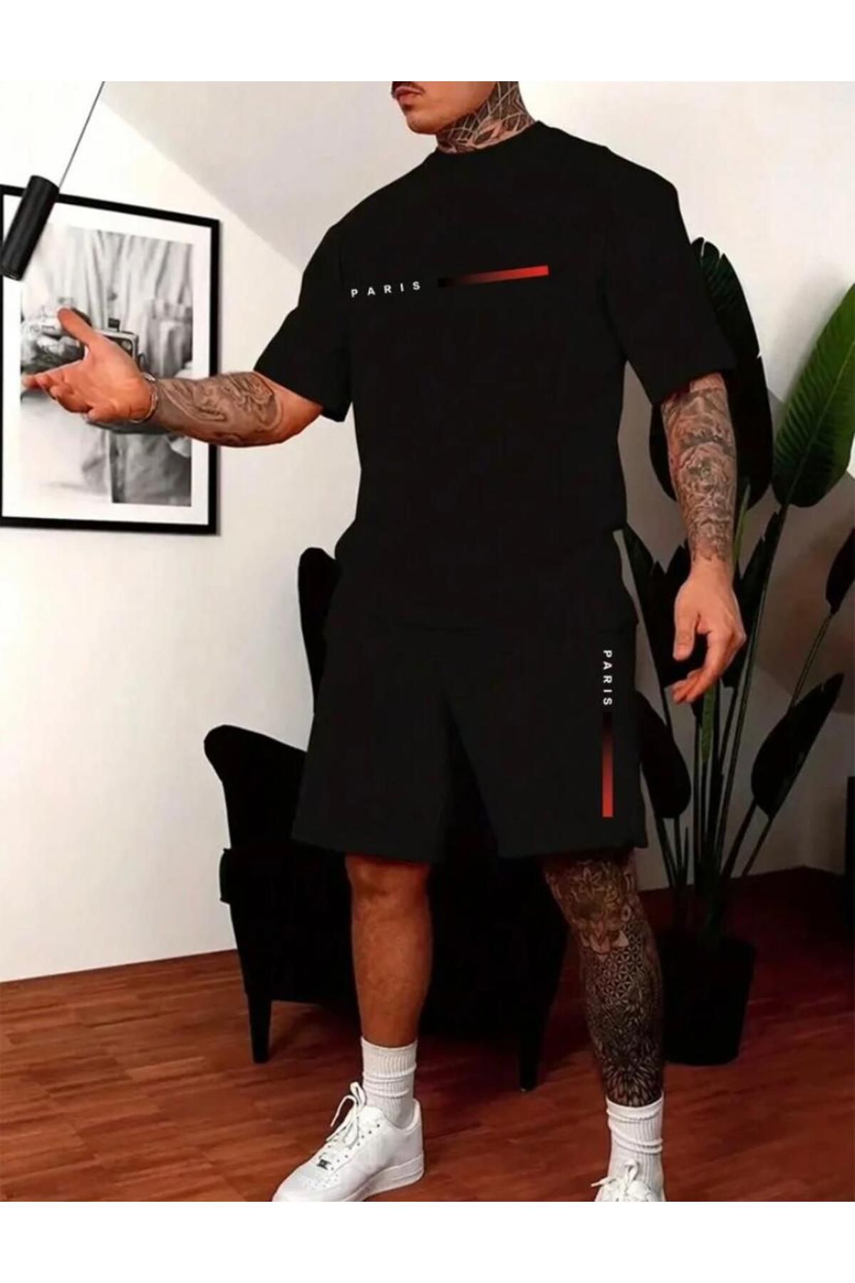 khufu Oversize Bisiklet Yaka Alt Üst T-shirt Şortlu PARİS Baskılı ikili Takım Unisex