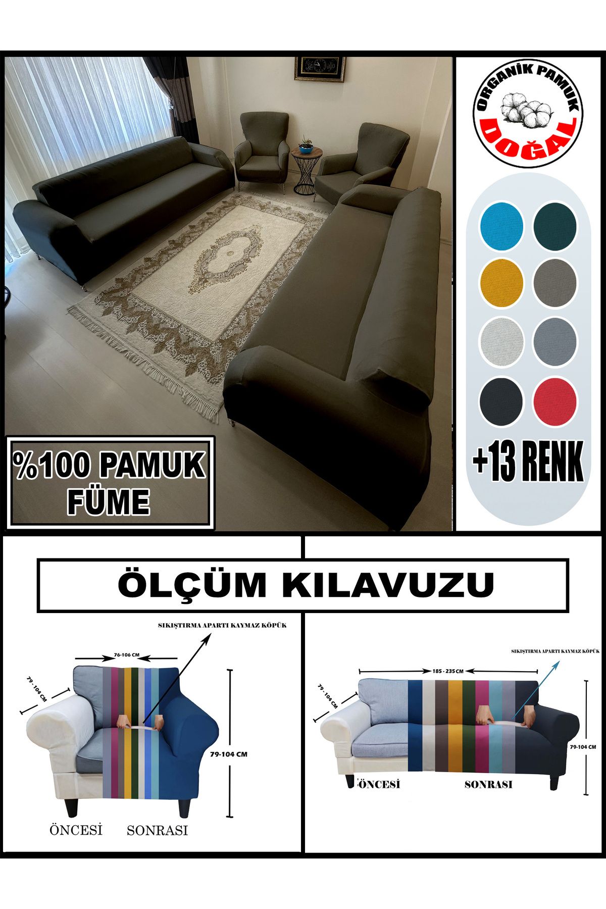 Home Pamuklu Fransız Kumaş 2 Adet Üçlü Çekyat-2 Adet Tekli Koltuk Kılıfı Seti,