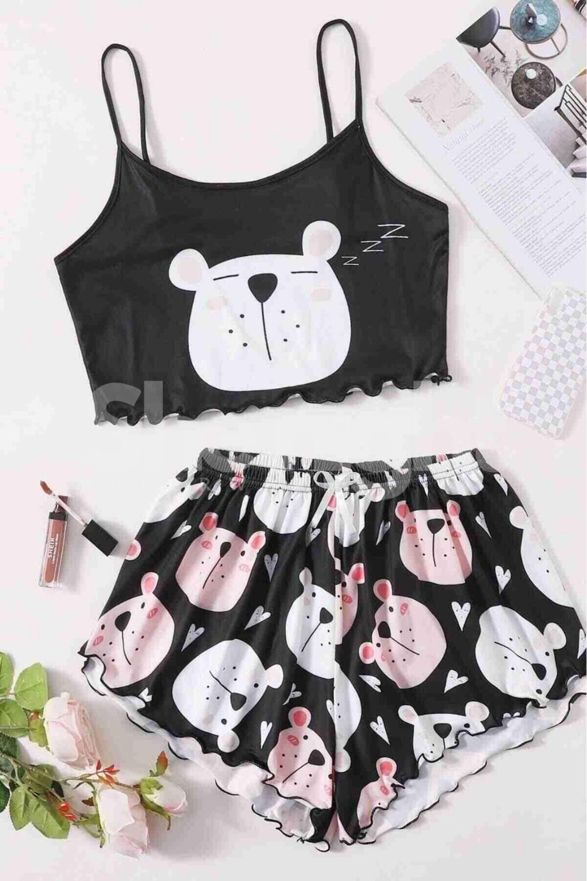 Veille Ayıcık Baskılı Askılı Şort Pijama Takımı