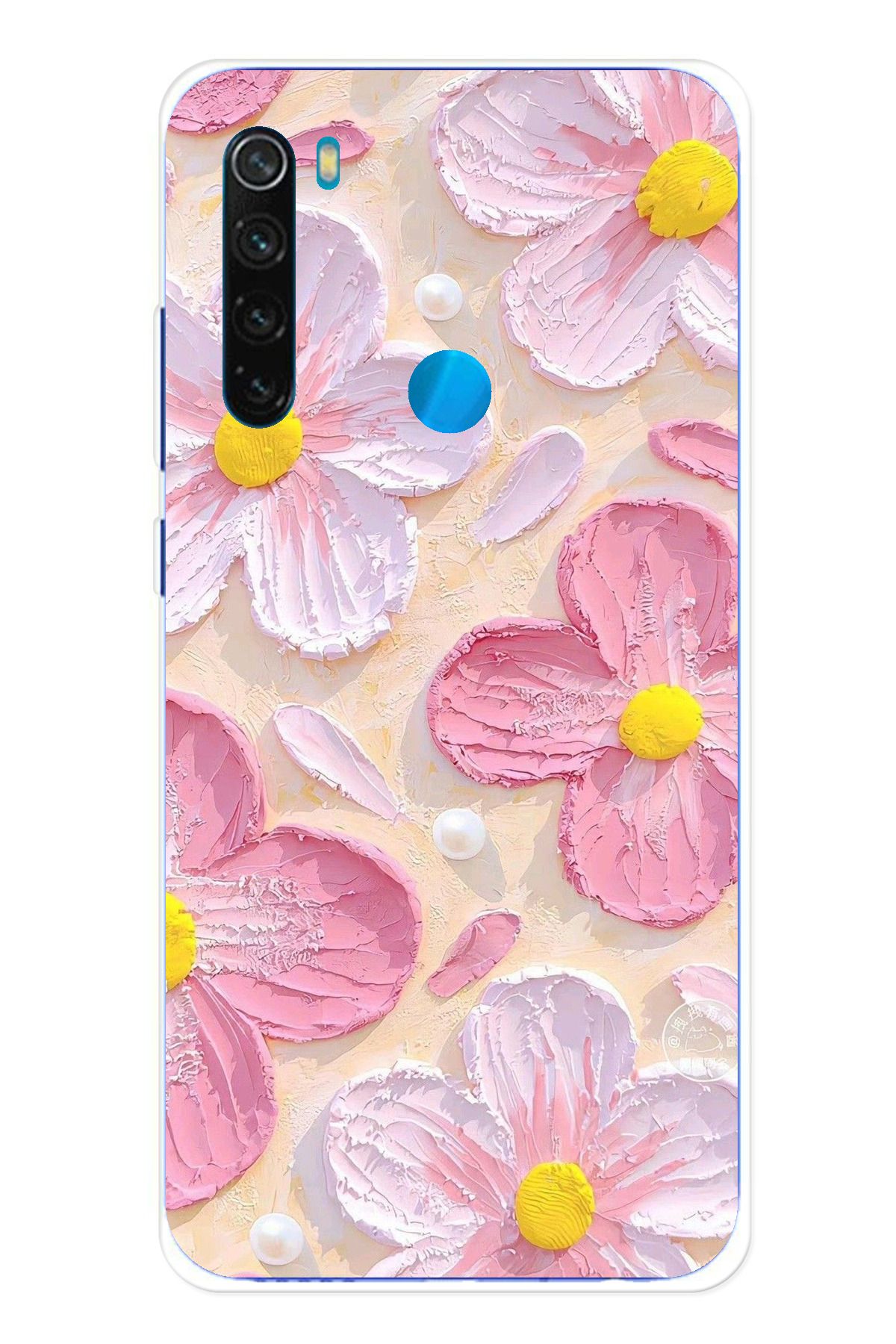 TechTree Redmi Note 8 Uyumlu Pembe Beyaz Çiçekler Sulu Boya Şeffaf Silikon Kılıf