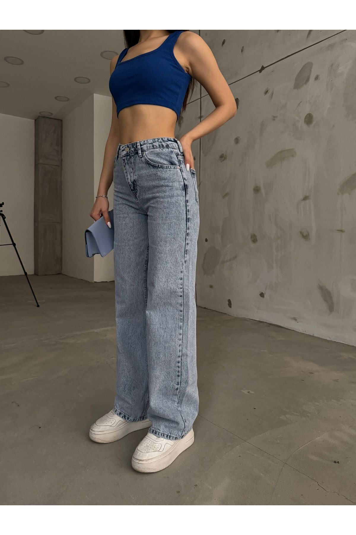 WODDİ Jeannine Kadın Mavi Süper Yüksek Bel Palazzo Salaş Bol Paça Denim Kot Pantolon