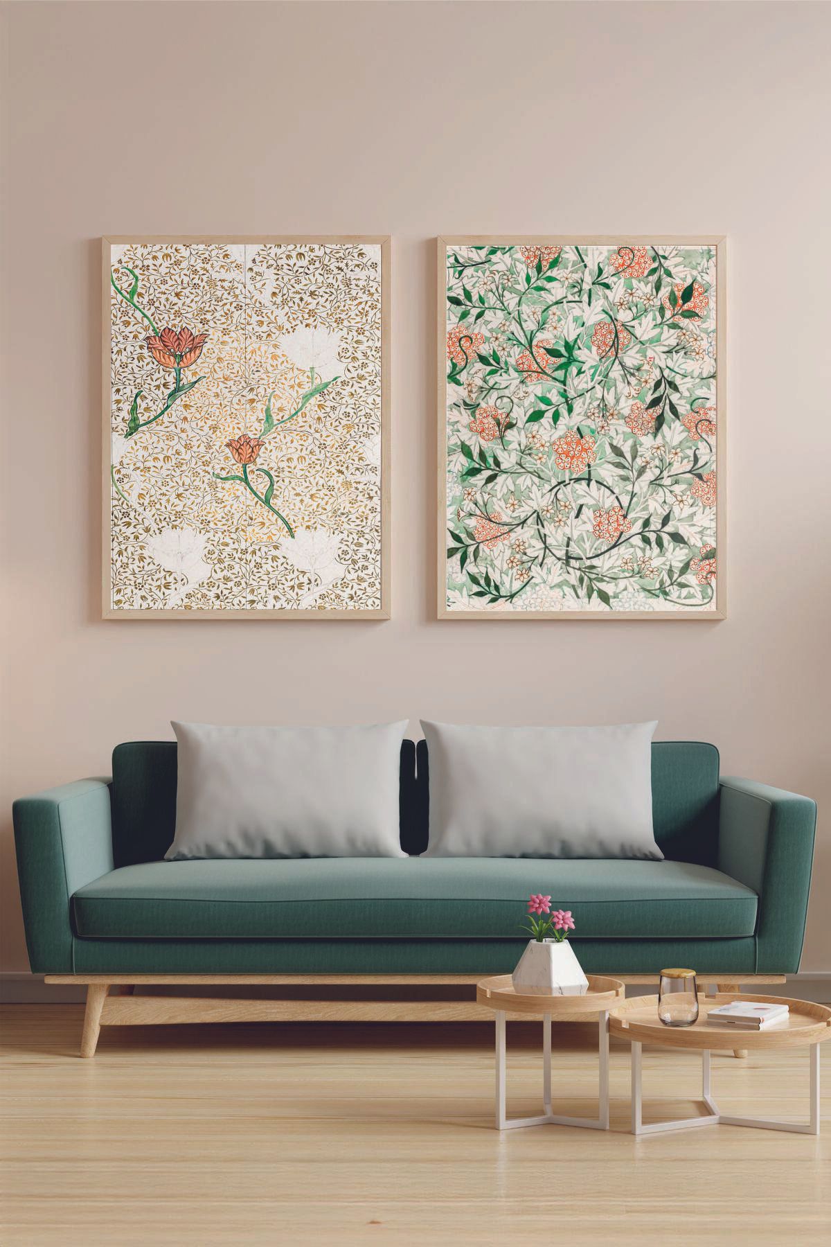 Artte Ahşap Çerçeveli Vintage Çiçek Desenli 2'li Tablo Vintage Duvar Sanatı | Çiçek Desenli Duvar Sanatı