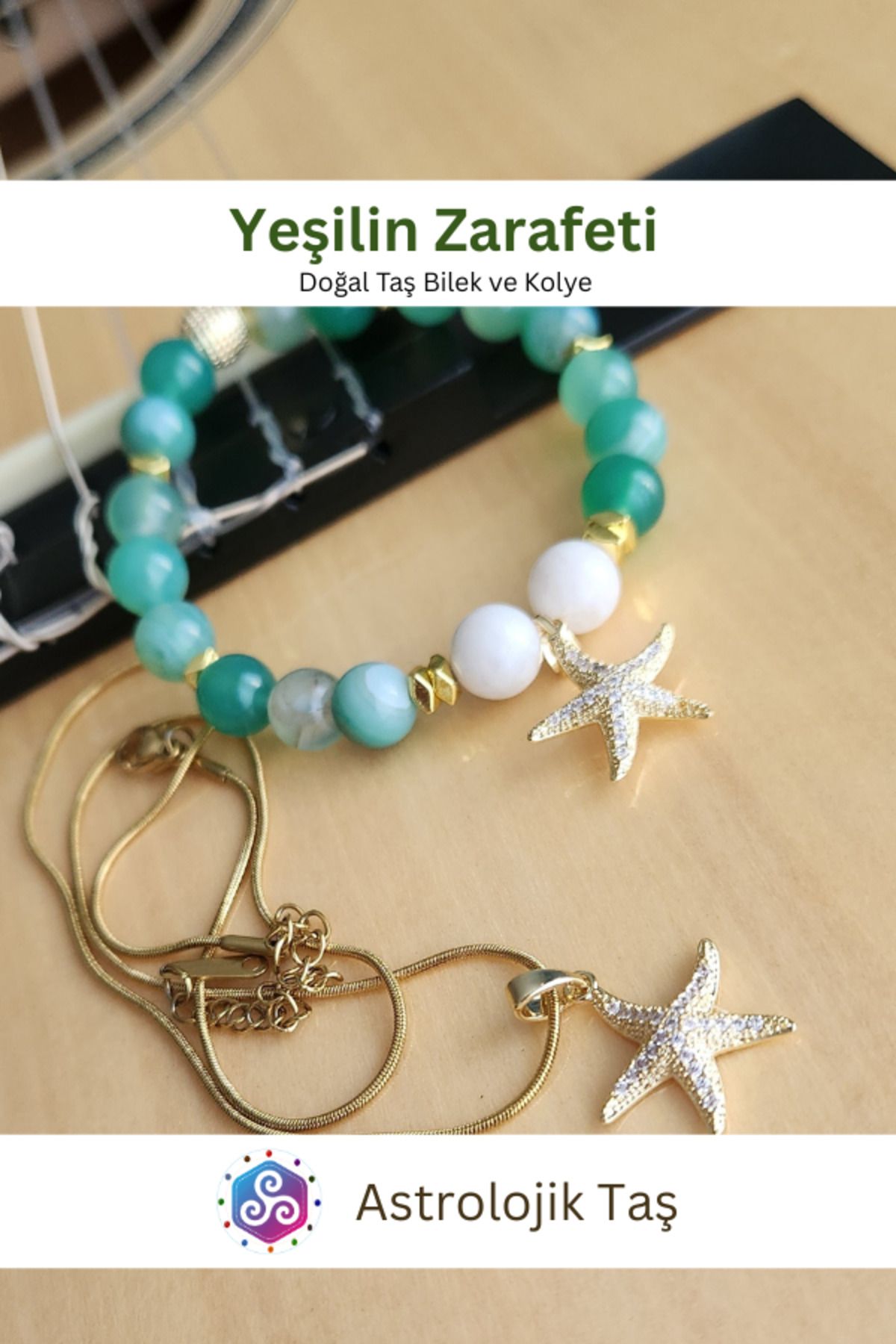 Astrolojik Doğal Taş Yeşilin Zarafeti Doğal Taş Bileklik ve Charm Zincir Kolye Takımı - Yeşil Akik ve Ay Taşı