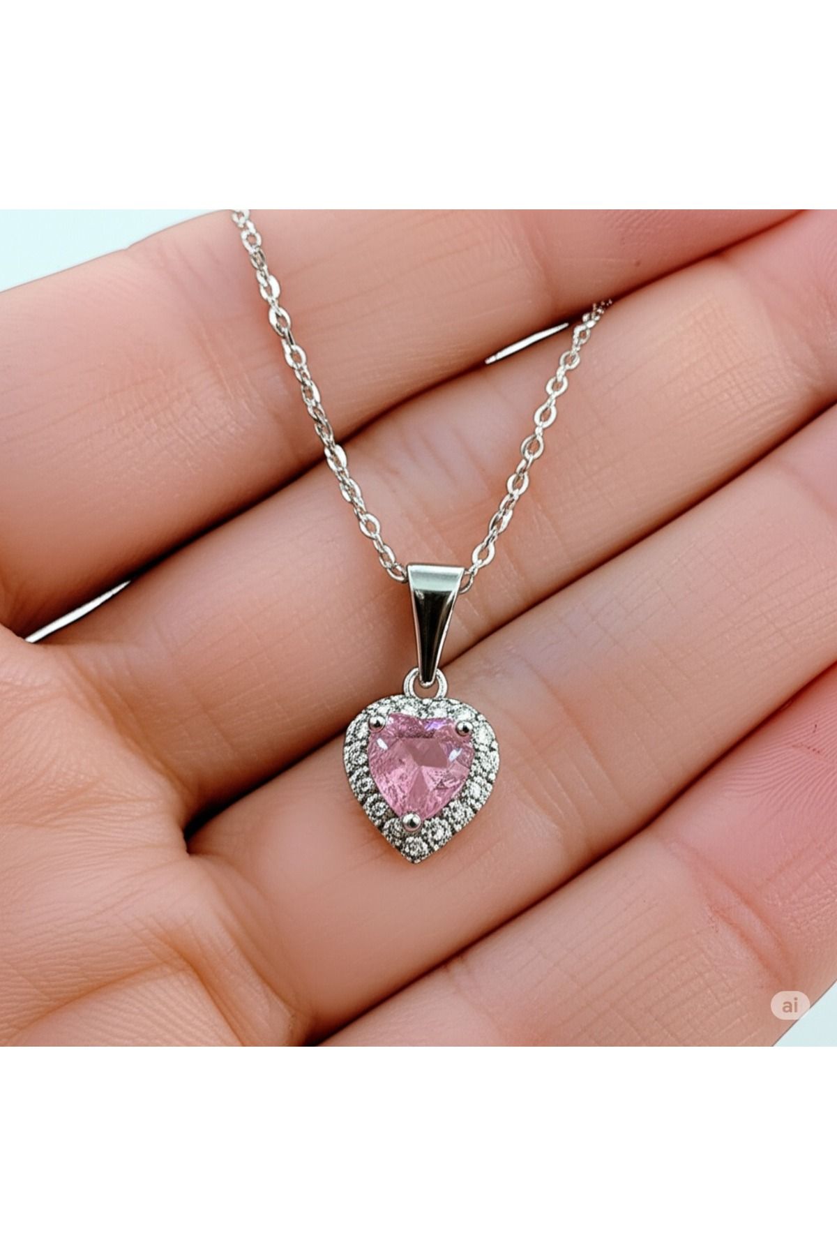DİAPANTE Gümüş/Silver Renk Pembe Kalp Model Zirkon Taşlı Şık Kadın Kolye