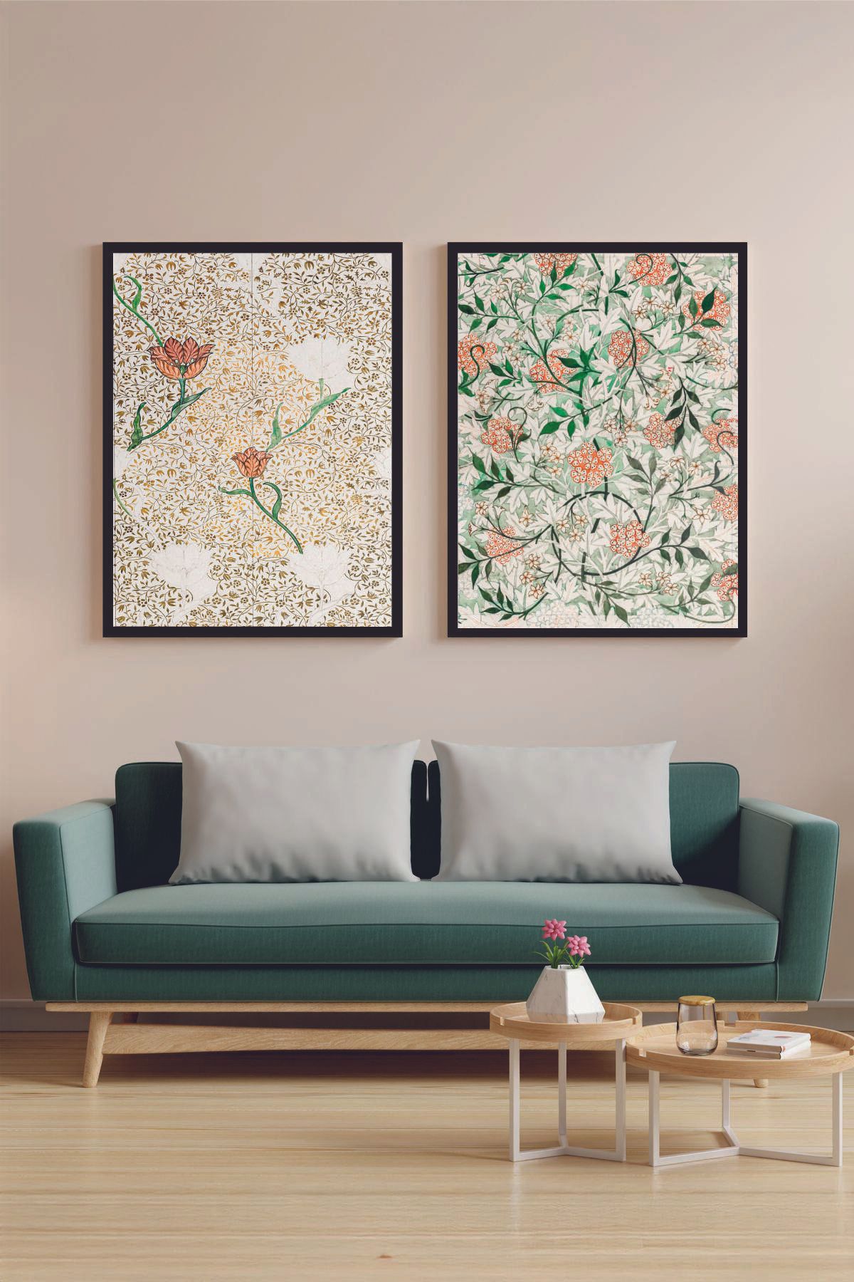 Artte Ahşap Çerçeveli Vintage Çiçek Desenli 2'li Tablo Vintage Duvar Sanatı | Çiçek Desenli Duvar Sanatı
