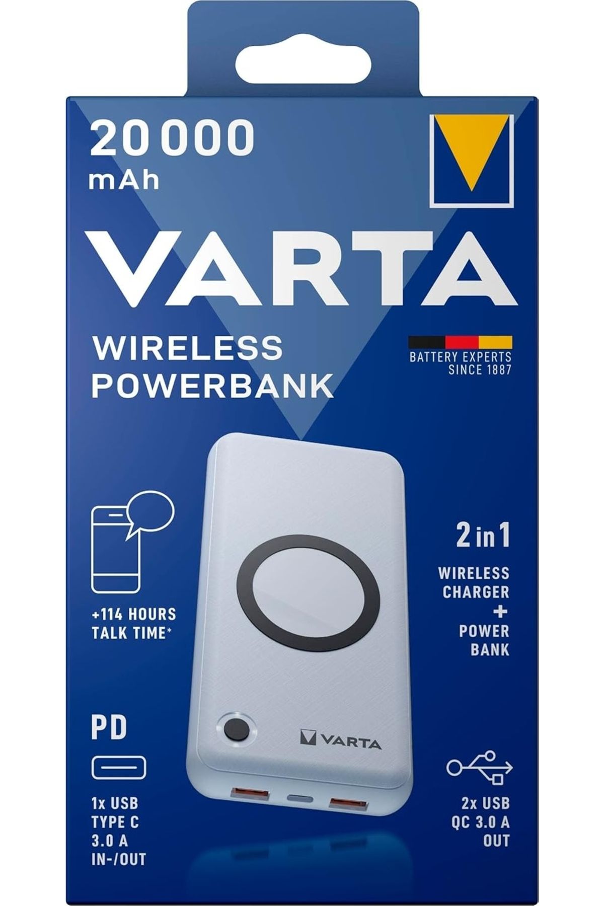 Varta Wireless Kablolu ve Kablosuz Şarj Destekli Powerbank 20000 mAh Deprem Acil Durum Powerbank