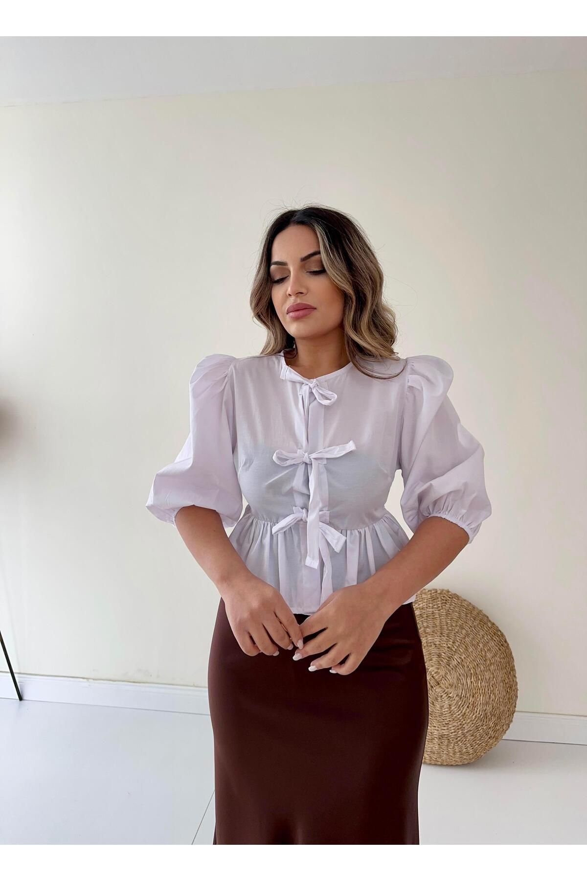 SEDA FİDAN Bağlama Detaylı Poplin Gömlek Ekru