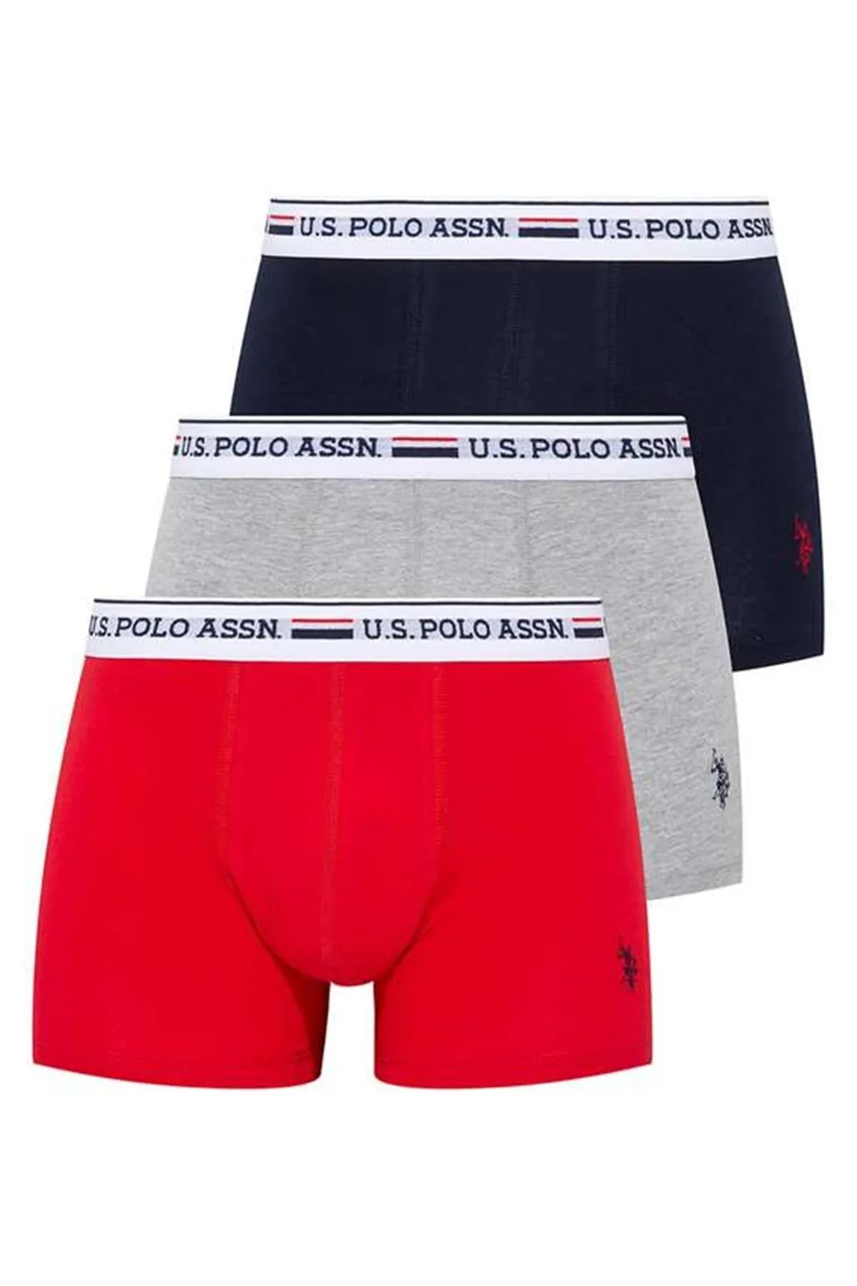 U.S. Polo Assn. 3'lü Paket, Pamuklu & Likralı, Erkek Boxer Set, Kırmızı & Gri Melanj & Lacivert