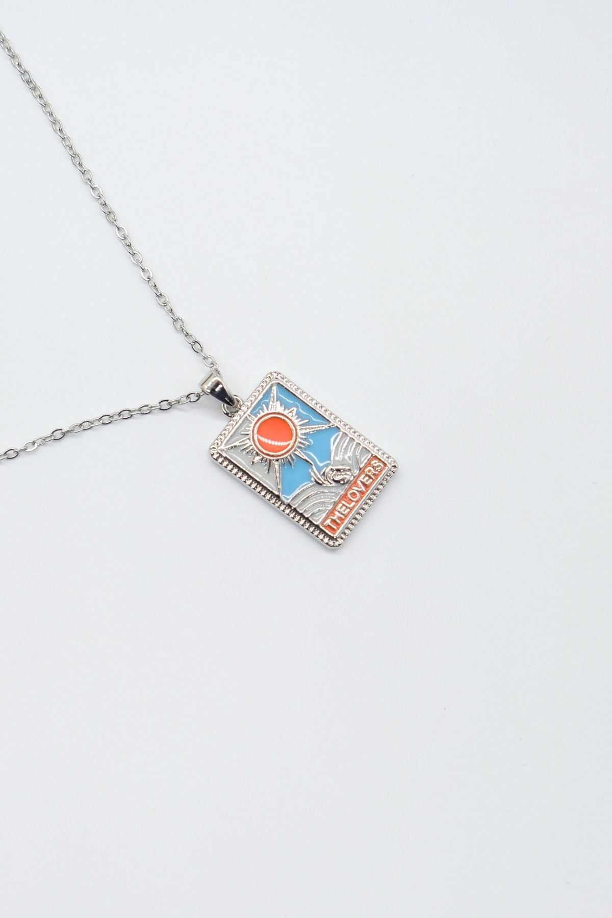 TAKIBOX Çelik Gümüş Renk Zincir The Lovers Tarot Kolye