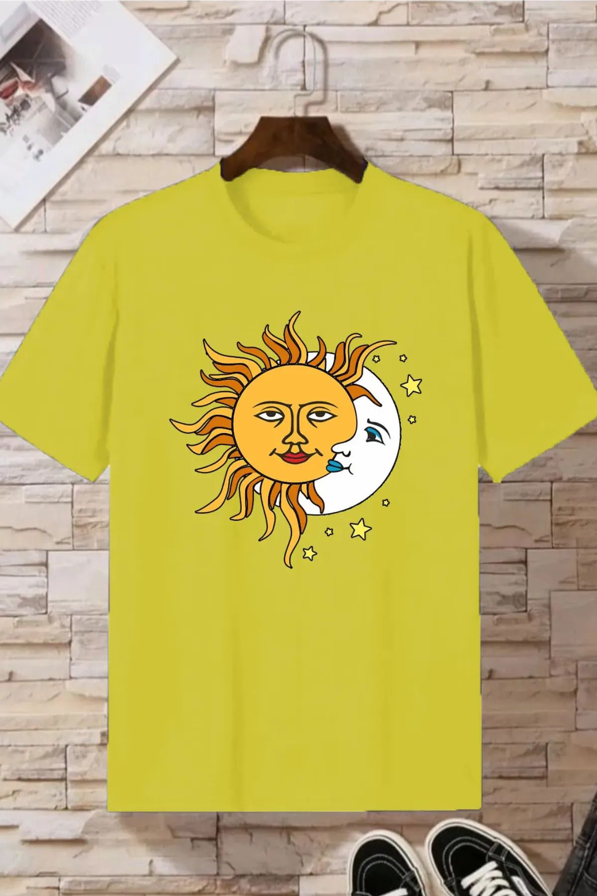 FeaR LeeS Kadın Siyah Güneş Ay Baskılı Oversize Penye T-shirt Tişört