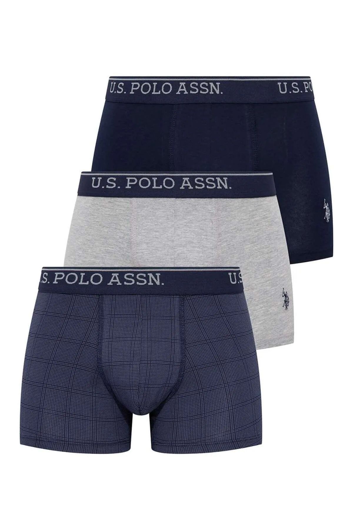 U.S. Polo Assn. 3'lü Paket, Pamuklu & Likralı, Erkek Boxer Set, Lacivert & Gri Melanj & İndigo