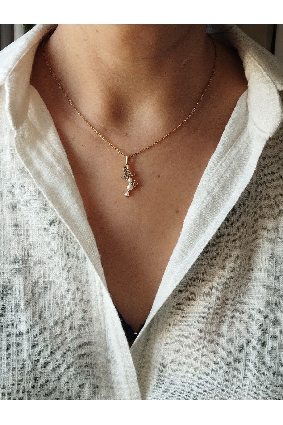 Amabel Jewelerys Zirkon Ay Charm'lı, Çelik Zincir Kadın Kolye