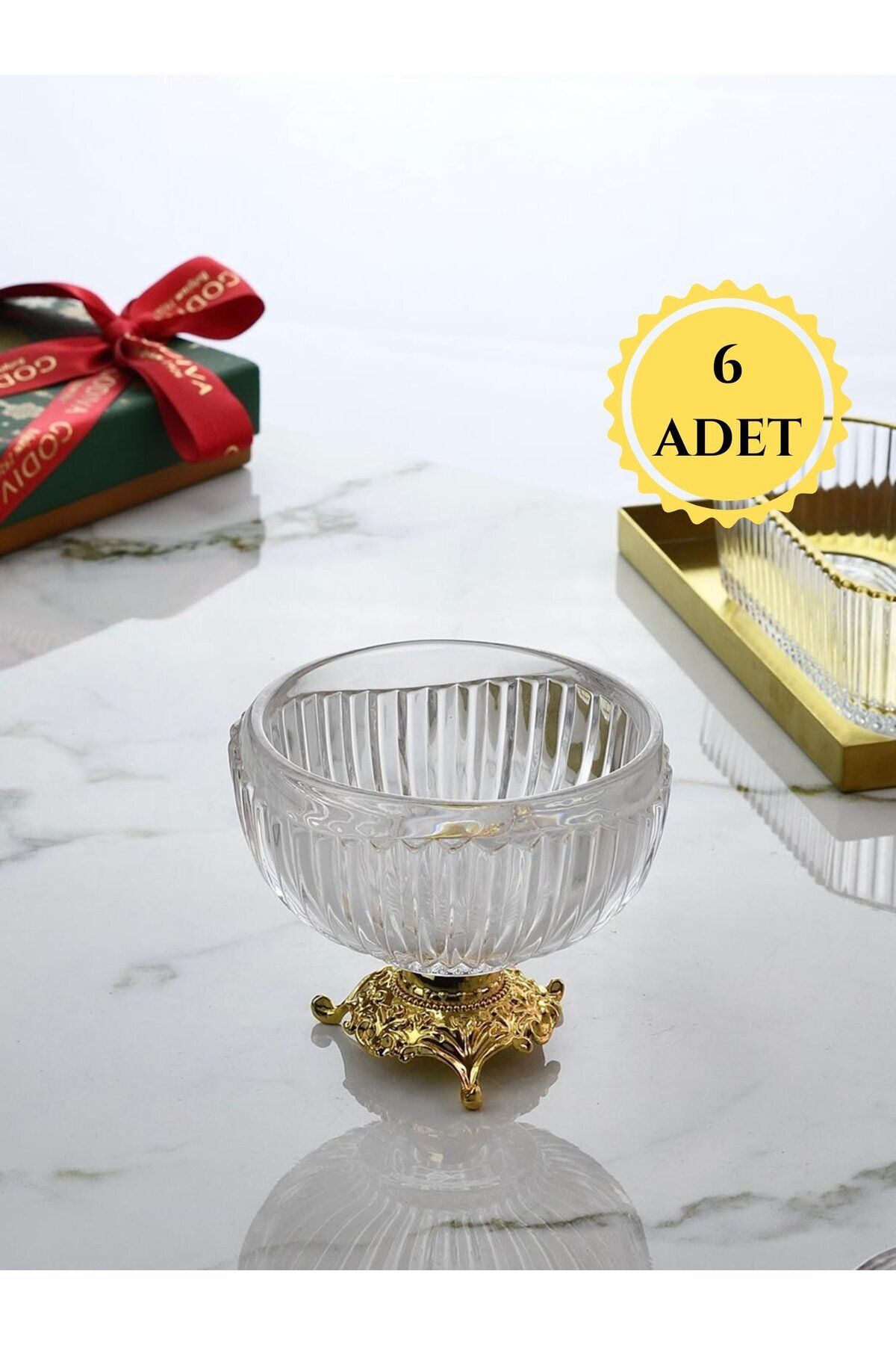 Fairhome 6 Adet Çizgi Desen Gold Metal Ayaklı Yuvarlak Cam Çerezlik Seti