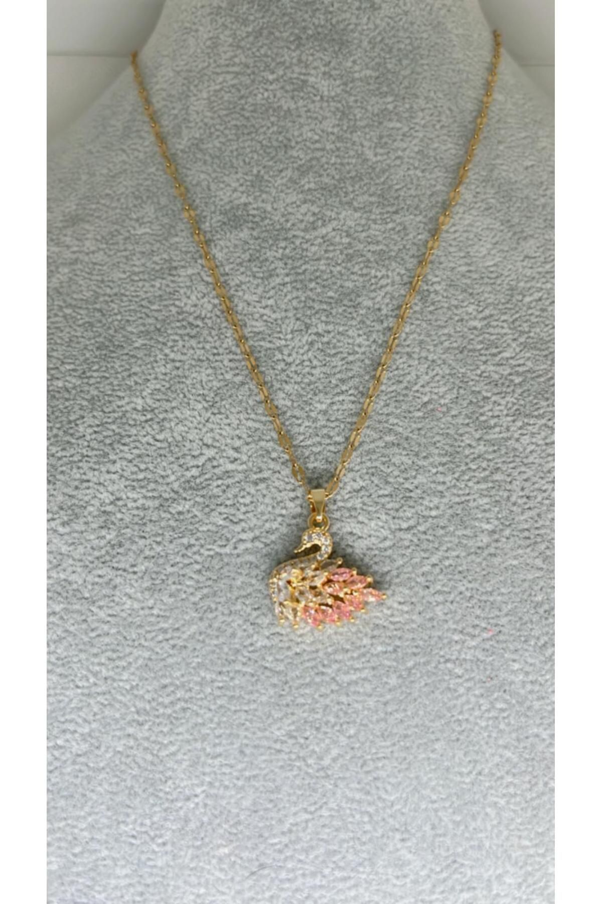 ZD JEWELRY Çelik 316 L Kararmaz Zİrkon Taşlı 45+5 cm Gold Zincir Kuğu lu Kadın Çelik Kolye