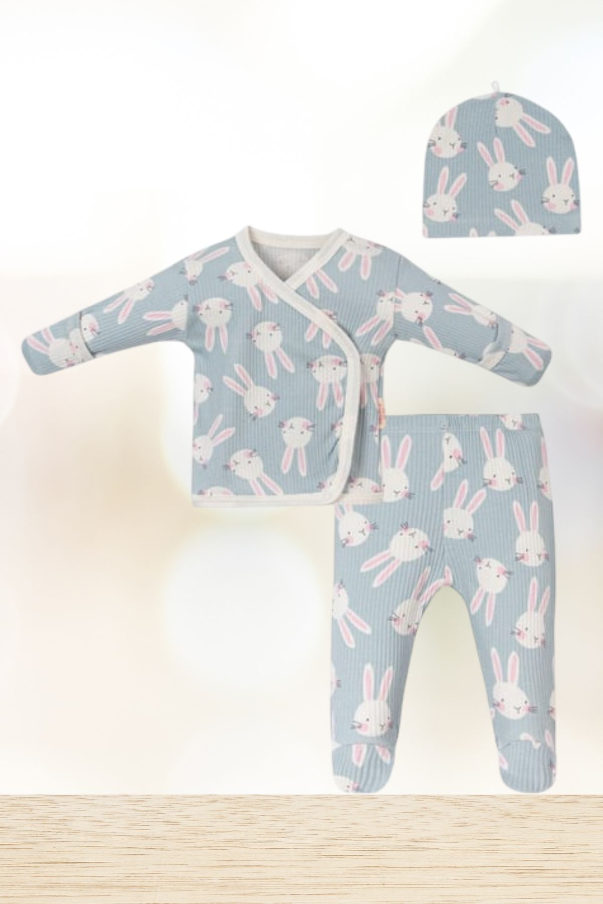 Baby s Breath Flower Tavşan Desenli Unisex Yenidoğan Bebek Set %100 Pamuk 0-3 Ay Kız-Erkek Bebek Hastane Çıkışı Set