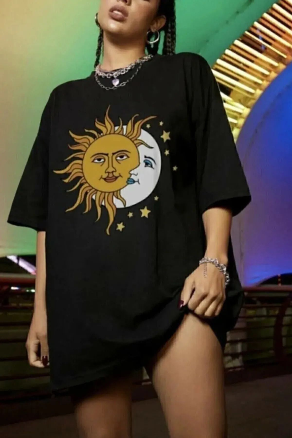 FeaR LeeS Kadın Siyah Güneş Ay Baskılı Oversize Penye T-shirt Tişört