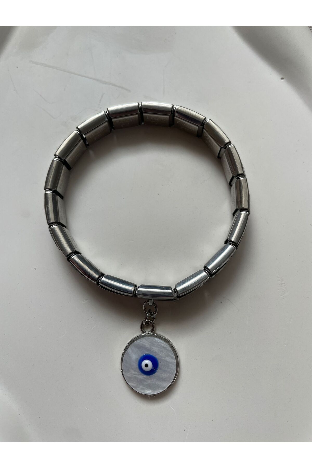HKN AVM ACCESSORİES Çelik Italyan Charm Bileklik Nazar Boncuklu Gümüş Ayarlanabilir Italyan Charm Çelik Bileklik