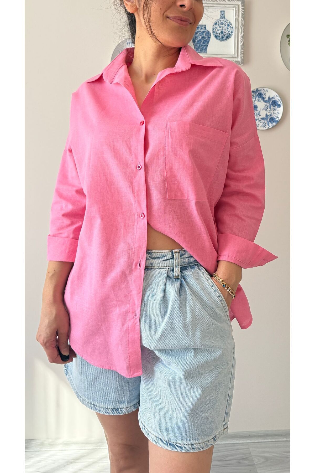 MOONSTONE FASHİON TEK CEPLİ OVERSİZE KETEN KADIN GÖMLEK PEMBE