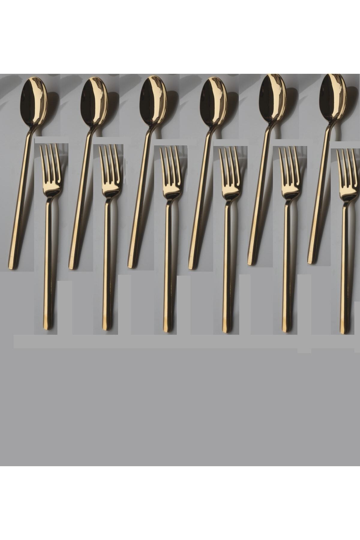 Rüya Gold Dessert Spoon and Dessert Cutlery Set (6 Dessert Spoons + 6 Dessert Forks)