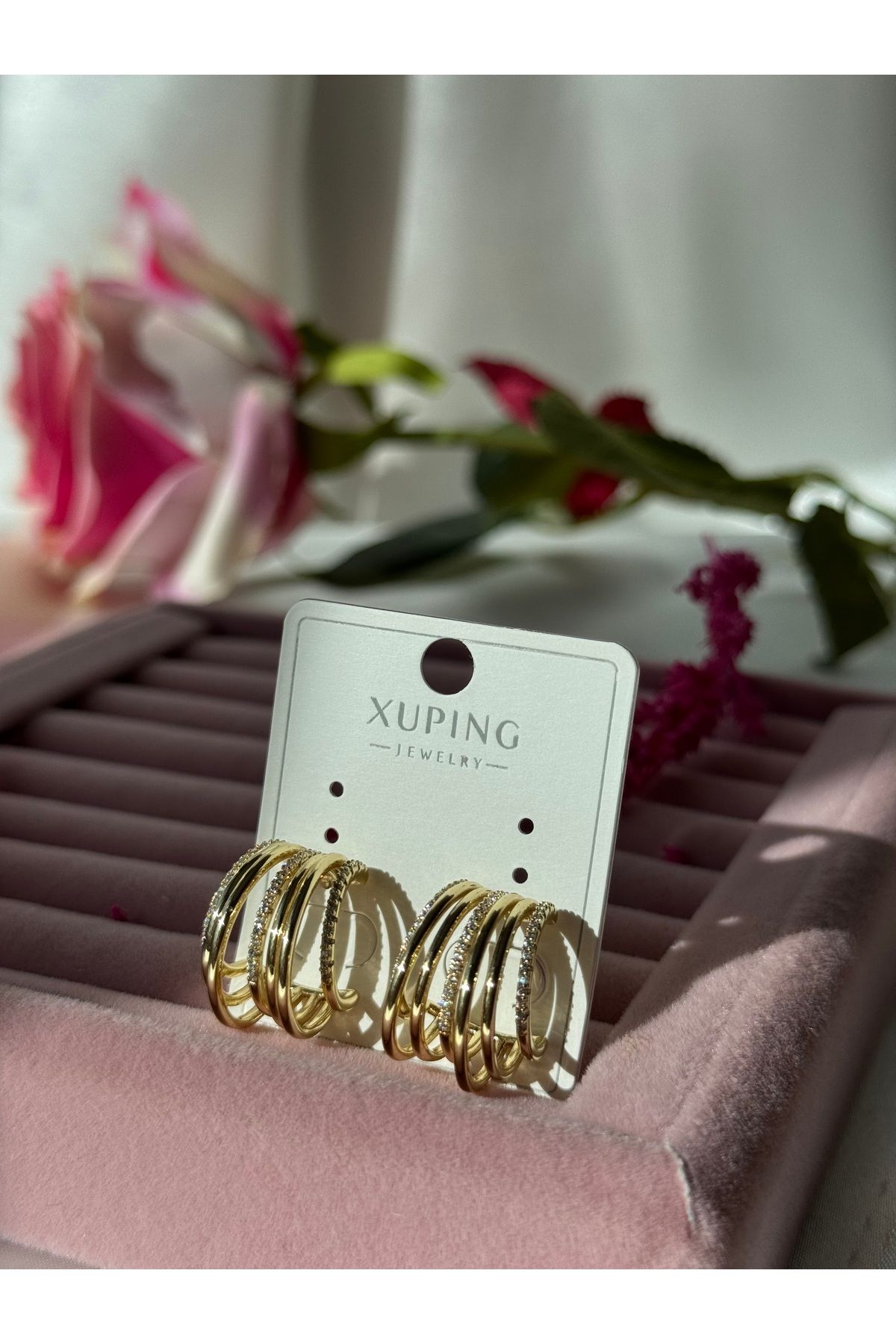 XUPİNGS JEWELRY Xuping Altın Renkli Çoklu Görünümlü Halkalı Zirkon Taşlı Küpe Modeli