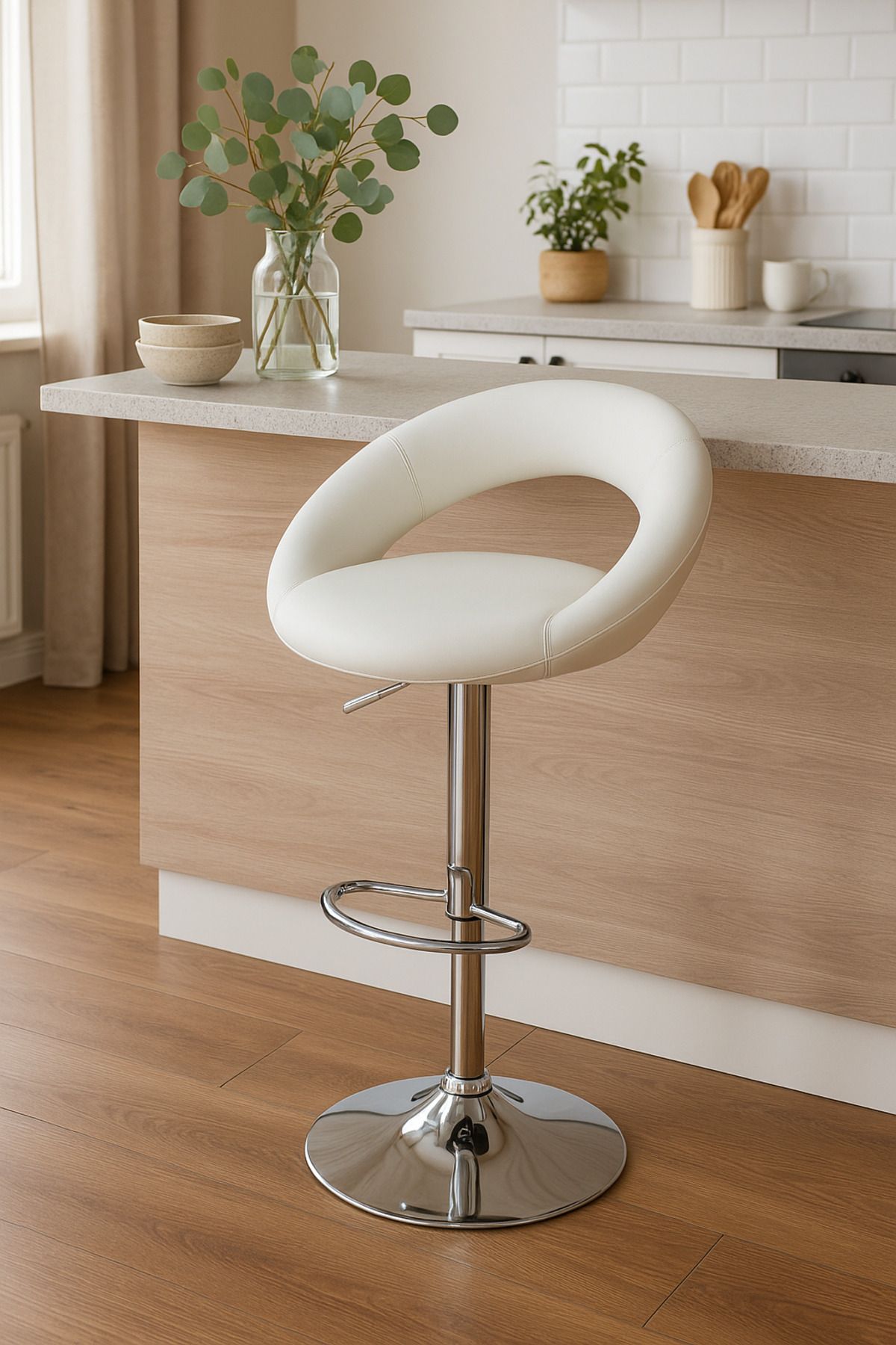 MARIA HOMES-Modern Adjustable White Bar Stool With Chrome Base And Footrest – Sleek Seating For Home Or Bar Use 3