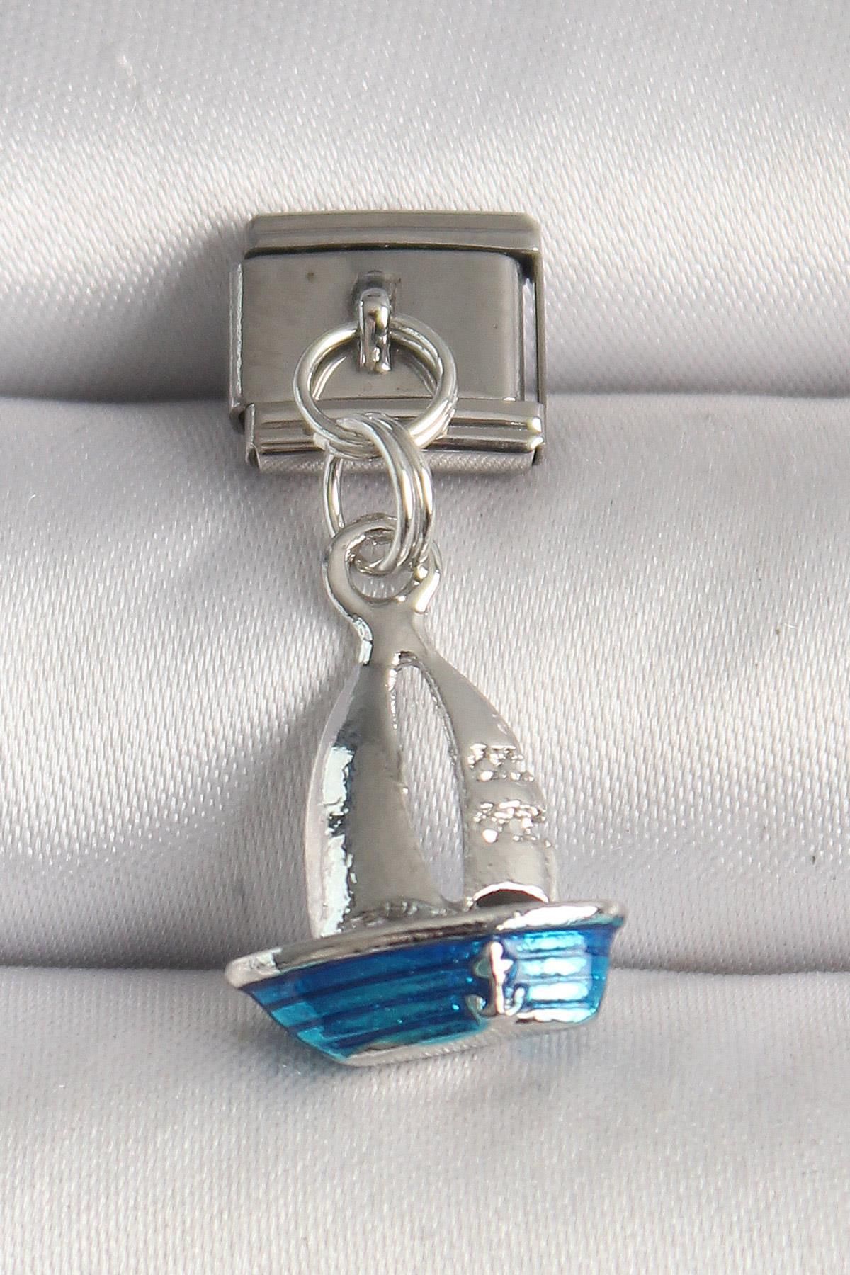 prativas 316L Çelik Gümüş Renk Mavi Yelkenli Model Nomination Charm