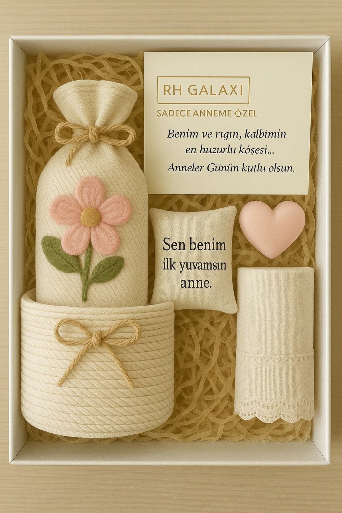 RH GALAXİ TEKSTİL Anneler Günü Hediye Kutusu – El Yapımı Kordon Sepetli, Kalp Sabunlu ve Mesajlı Özel Set