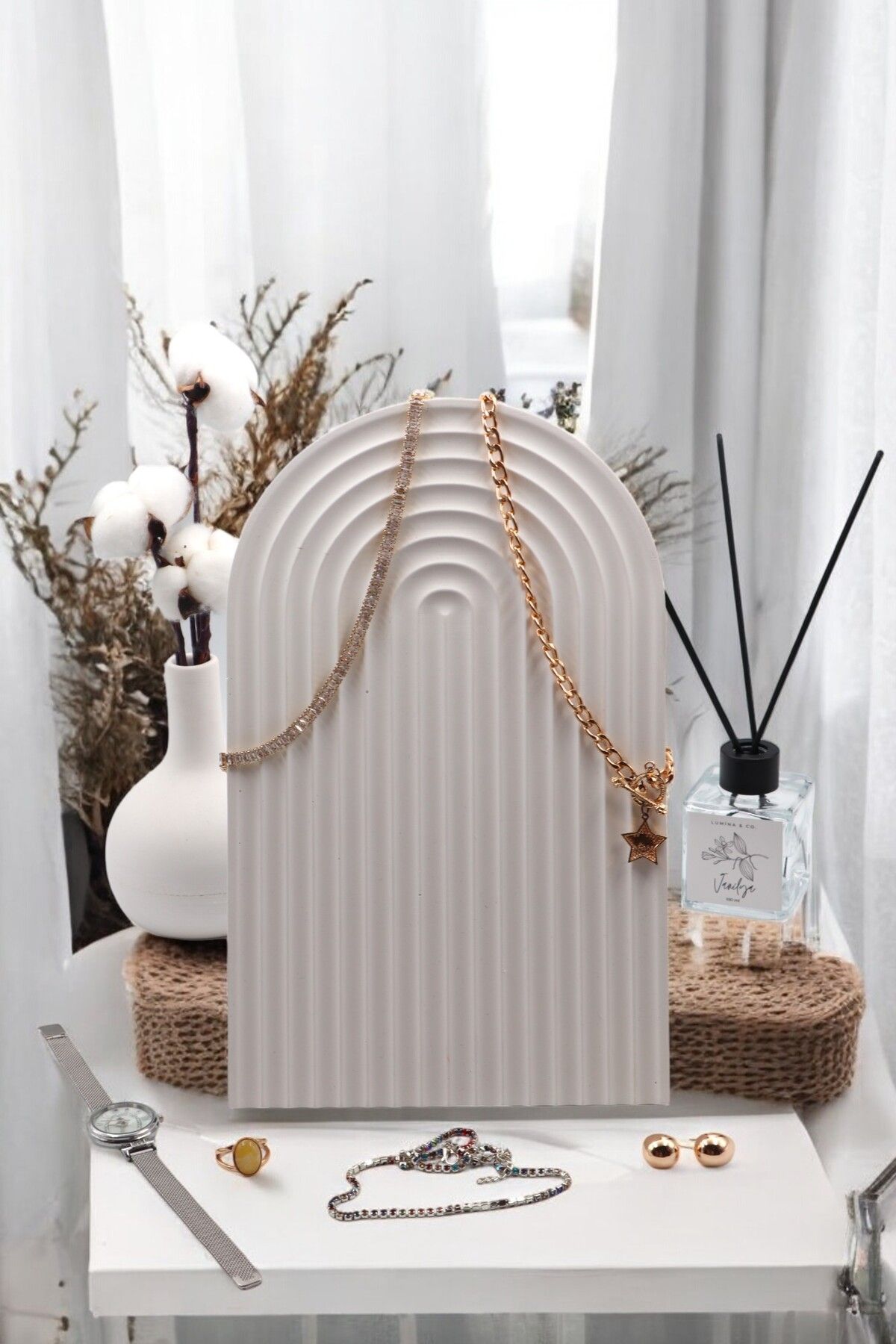 LUMİNA “Arco” Beton Takı ve Düzenleyici Tabak | Beyaz | 30 x 18,5 cm | Büyük Boy Dekoratif Tabak