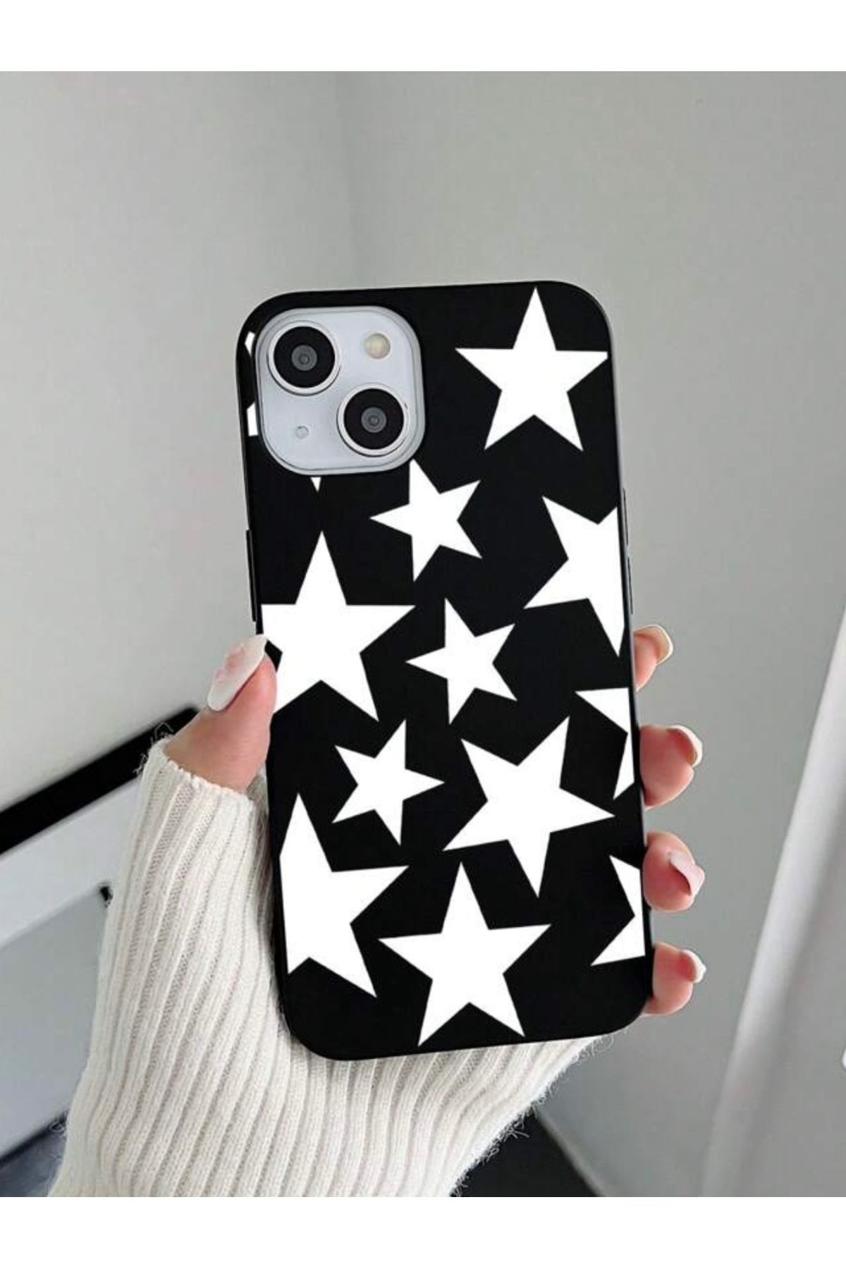 MirazTasarim IPHONE 15 SİYAH/BEYAZ YILDIZ DESENLİ KILIF