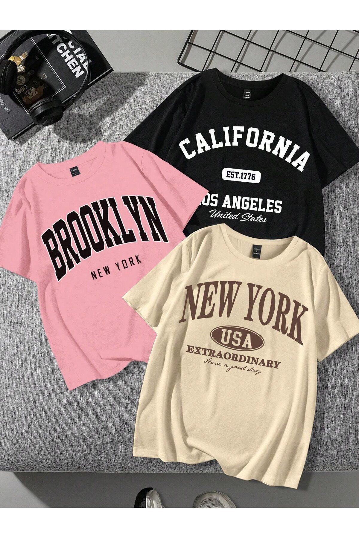 darkopia Unisex Kadın Erkek Brooklyn, California, New York Baskılı Oversize T-shirt 3lü Paket Tişört