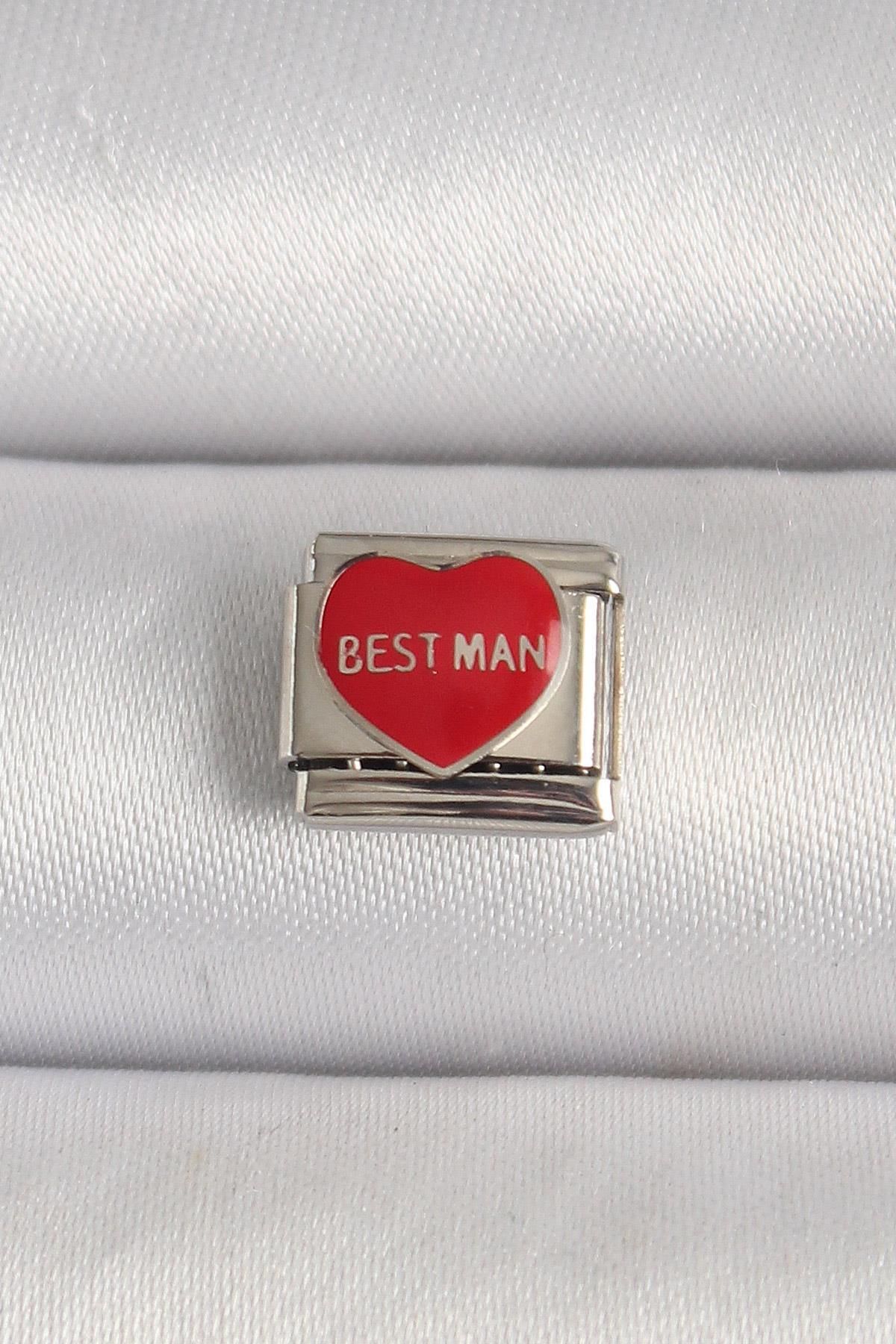 prativas 316L Çelik Gümüş Renk Best Man Yazılı Kırmızı Kalp İşlemeli Nomination Charm