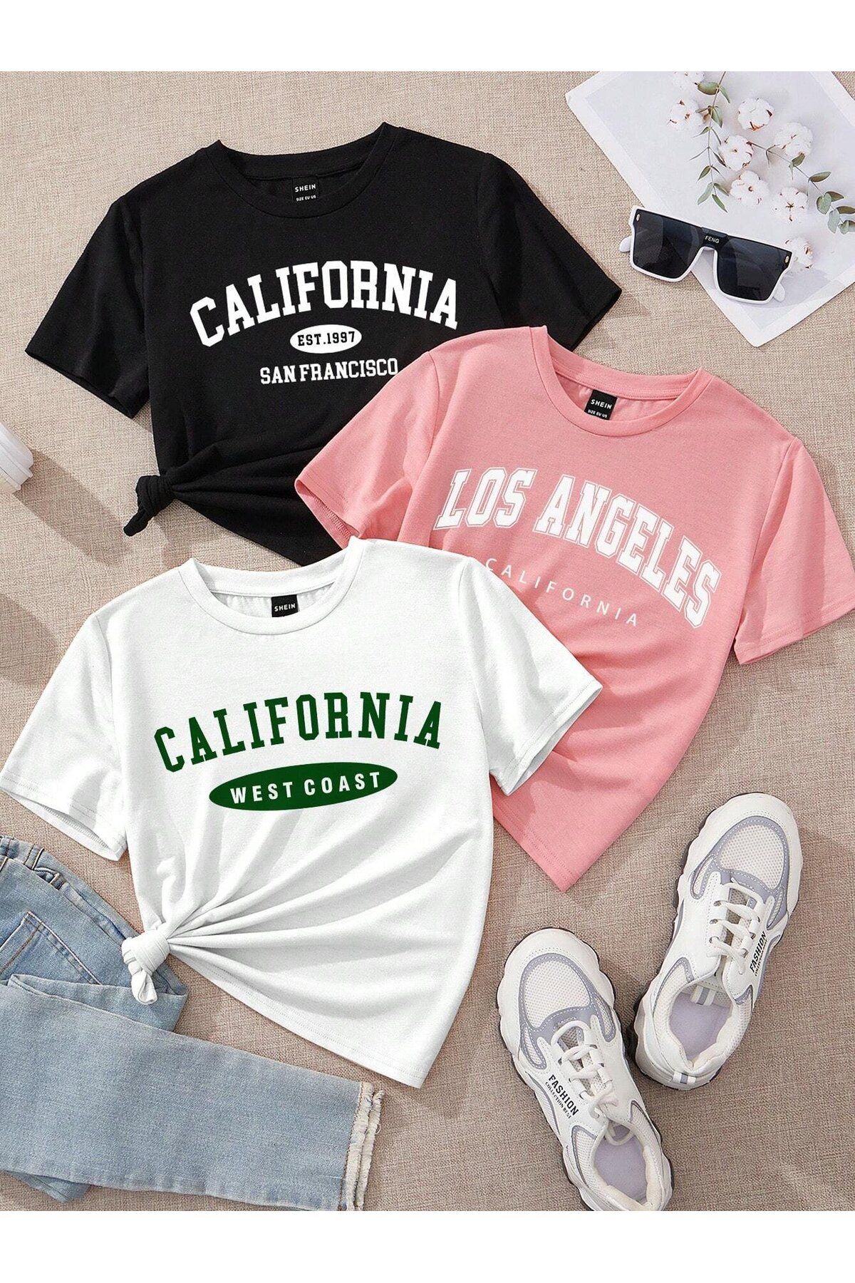 darkopia Unisex Los Angeles, California Baskılı 3 Adet Oversize T-shirt 3lü Paket