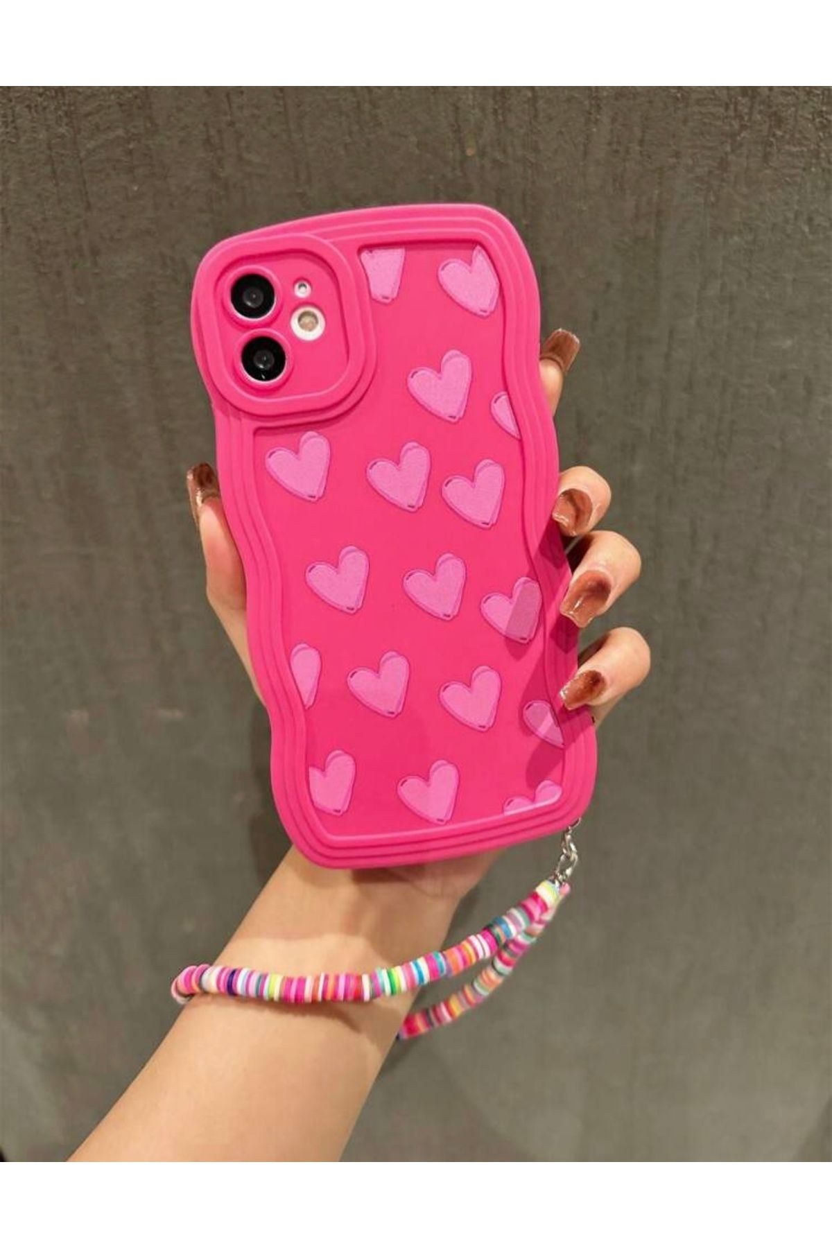 MirazTasarim IPHONE —12– İPLİ KALP DESENLİ DALGALI KENARLI FUŞYA KILIF